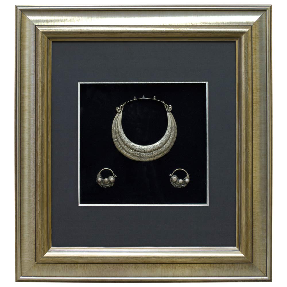 ChinaFurnitureOnline Miao Traditional Silver Zodiac Jewelry Set in Blue & Gold Shadow Box Frame - Perfect for Home Decor, Wall Art & Cultural Gift Giving