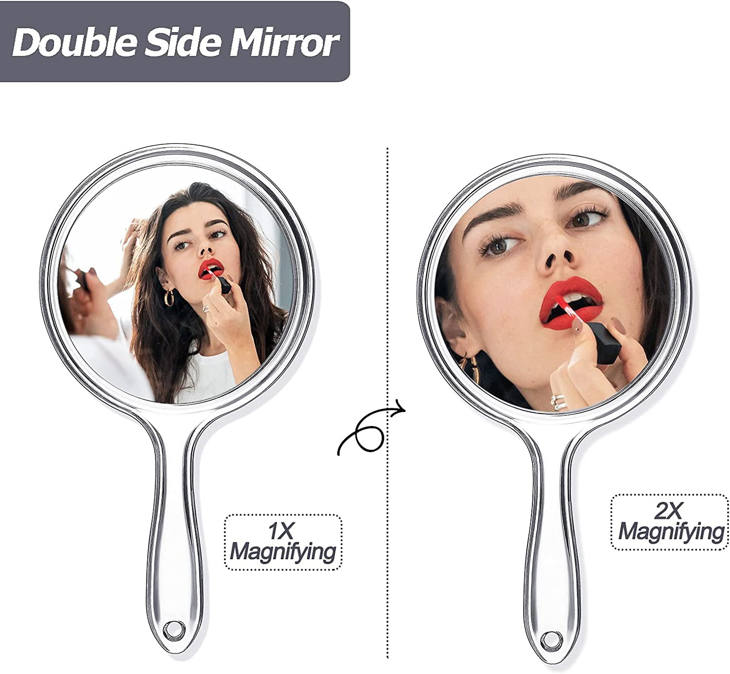 MEPOINT Double-Sided Makeup Mirror with 1X/2X Magnification - Handheld & Wall Mount Vanity Mirror, Round Transparent Frame, Multiple Colors for Bathroom & Bedroom Makeup Application