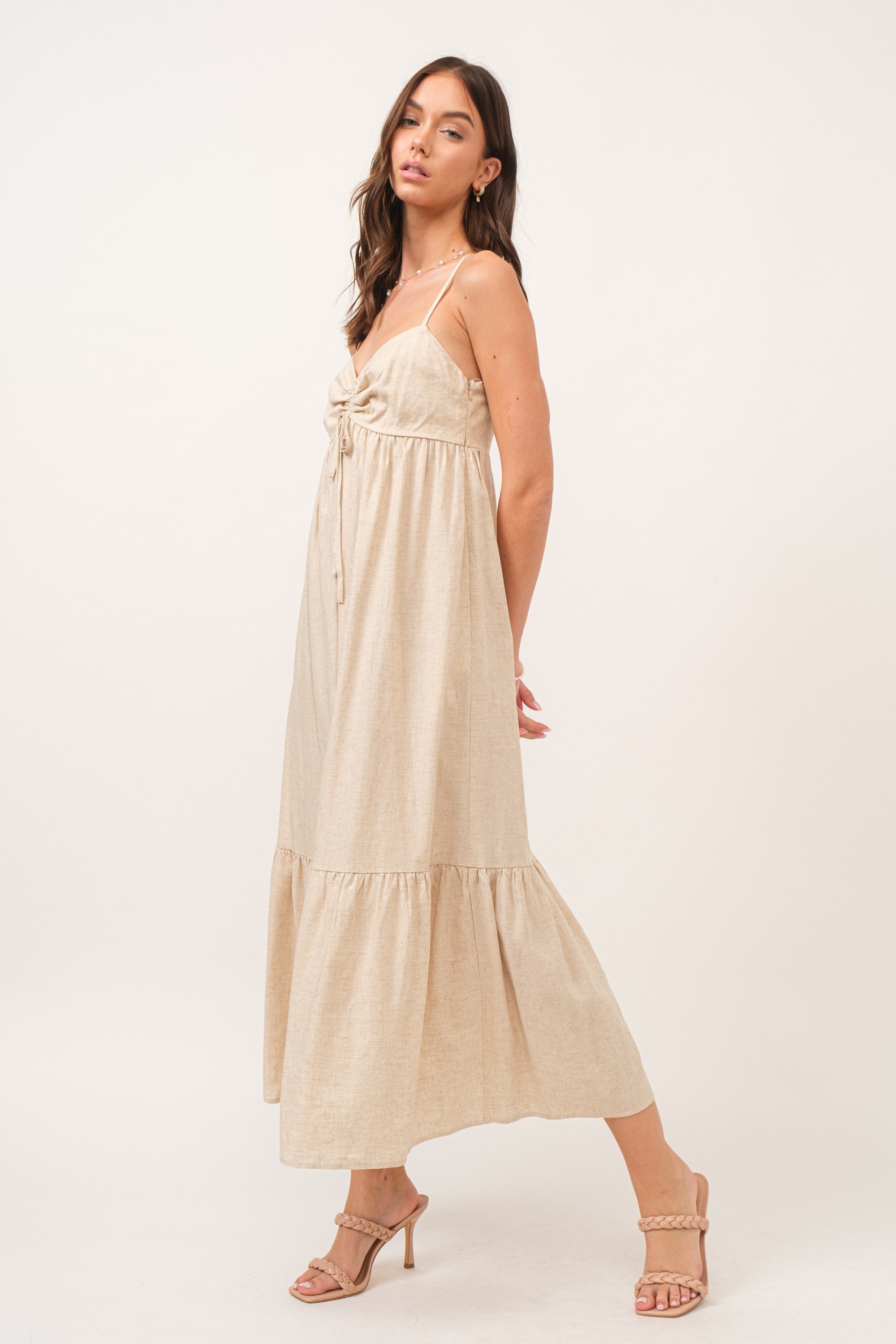 Beige Linen Midi Dress with Front Cinch Detail - Elegant Summer Casual Dress for Women, Perfect for Beach Vacations, Brunch Dates & Garden Parties