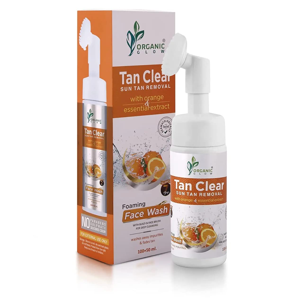 Organic Glow Sun Tan Removal Foaming Face Wash with Orange Essential Extract | Brightening & Exfoliating Cleanser for Glowing Skin | 150ml | Perfect for Daily Skincare & Post-Sun Care Routine
