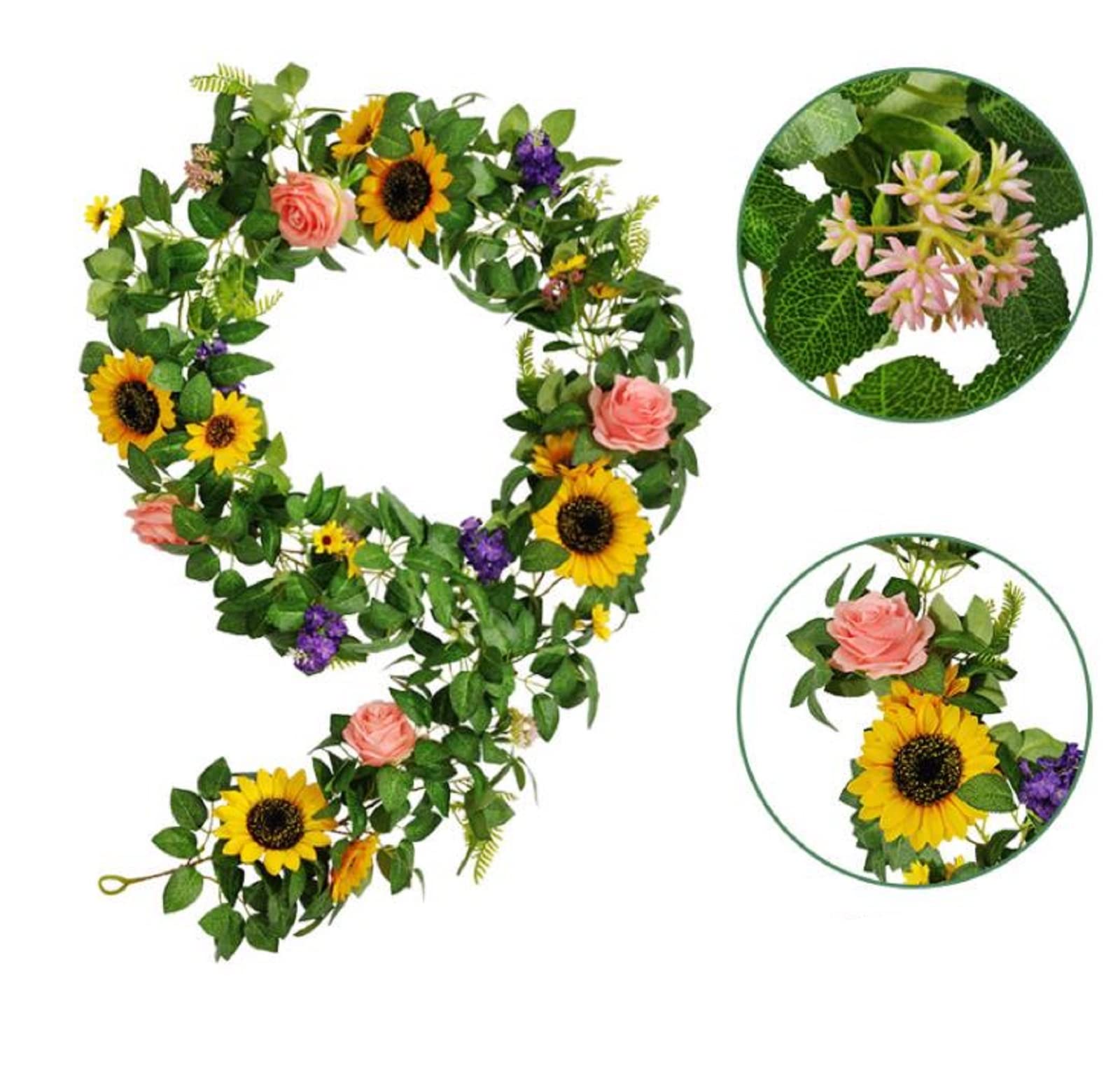Artificial Silk Sunflower Garland with Eucalyptus Vine & Rose Flowers Wreath - 1.9m Green Leaves Wedding Party Table Decor for Home, Garden, and Event Centerpieces
