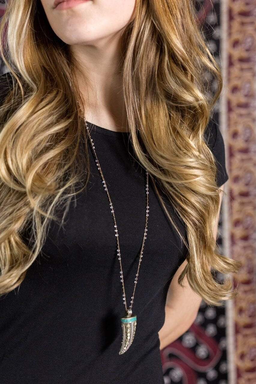 Authentic Tibetan Horn Necklace with Jeweled Chain - Spiritual Jewelry for Meditation, Yoga & Boho Fashion