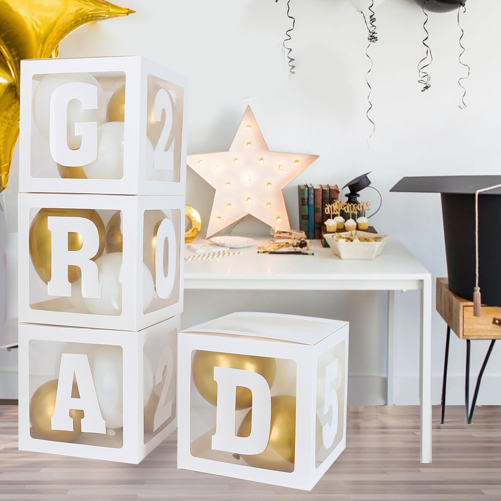 2025 Graduation Party Decorations - 4pcs White Balloon Boxes with GRAD Letters for Preschool, Kindergarten, High School & College Graduation Celebrations - Perfect for Graduation Ceremonies, Photo Backdrops & Party Decor