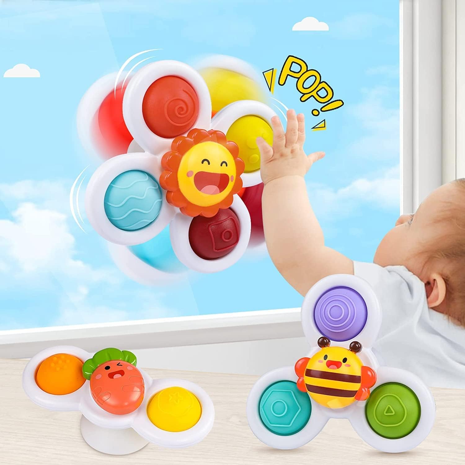 3 Pack Suction Cup Spinner Toys - Stress Relief Fidget Toys for Babies & Kids - Bubble Sensory Rotation Fun for Bath Time, Travel, Restaurants & Parties