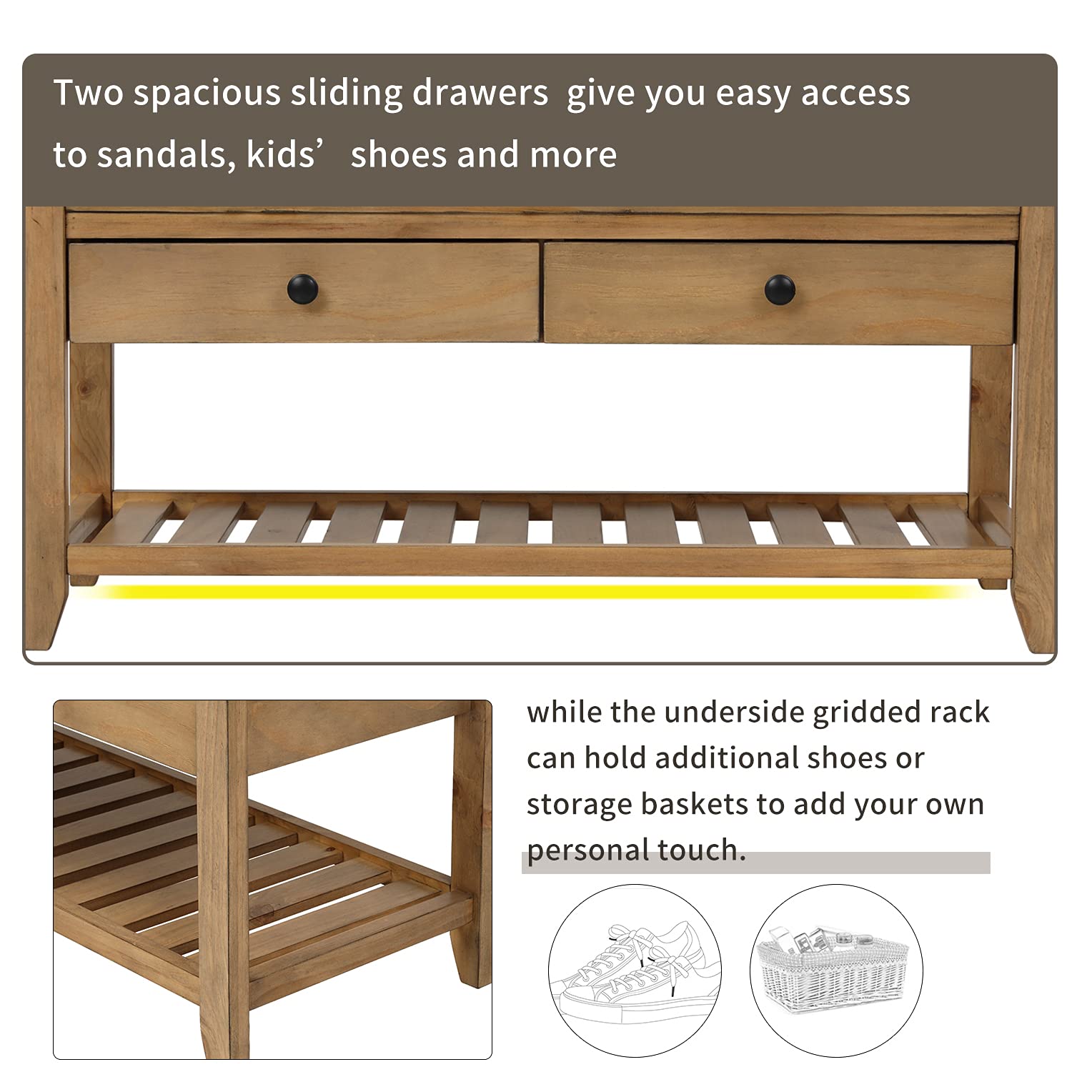 Quarte Farmhouse Shoe Bench - Rustic Wood Entryway Storage Bench with Cushioned Seat & 2 Drawers, Multipurpose Hallway Shoe Rack for Living Room, Dining Room & Bedroom - Perfect for Organizing Shoes, Hats & Scarves in Small Spaces (Old Pine Finish)