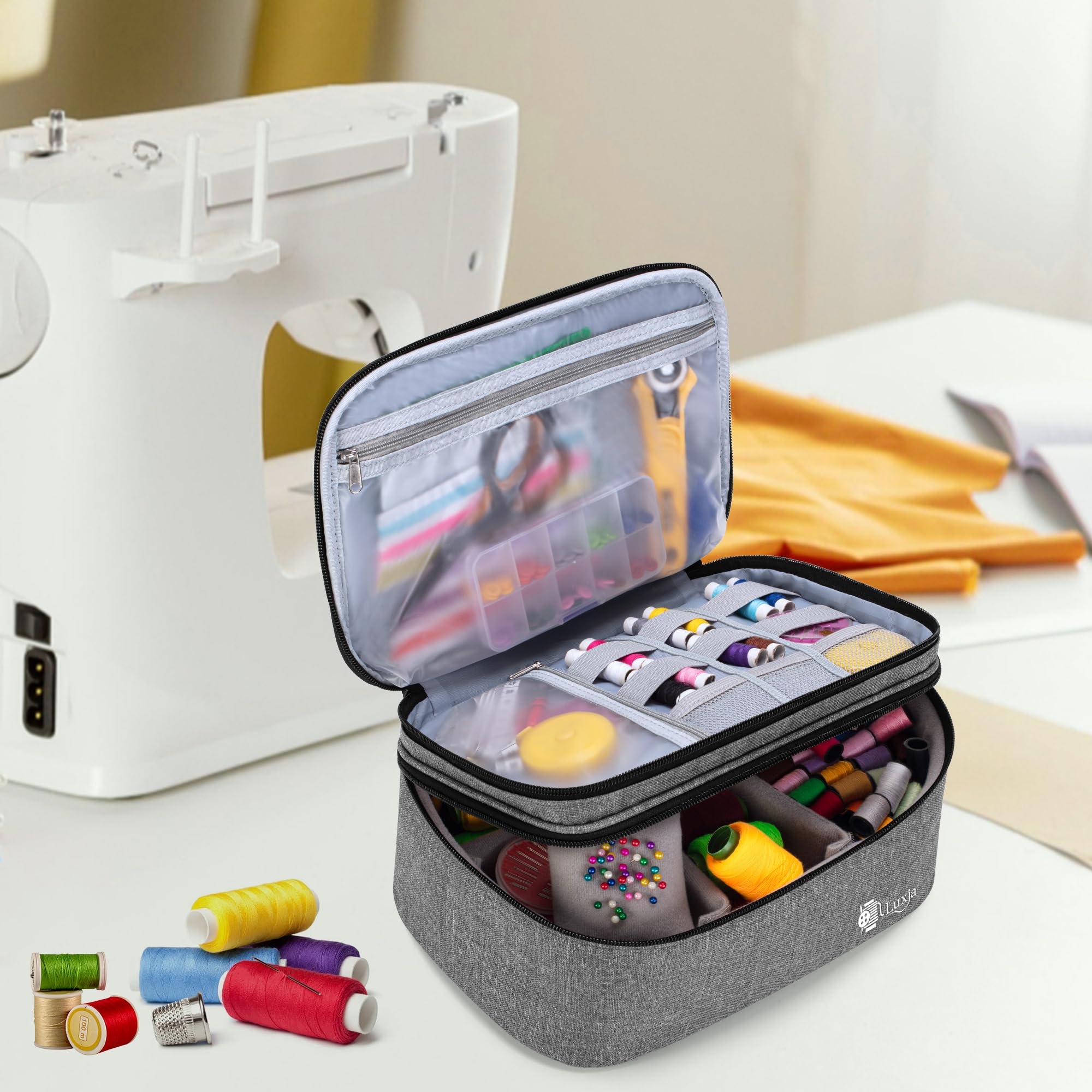 Luxja Double-Layer Sewing Accessories Organizer - Large Gray Storage Case for Needles, Thread, Scissors, Measuring Tape & Sewing Tools | Perfect for Home Sewing, Quilting, Craft Projects & Travel