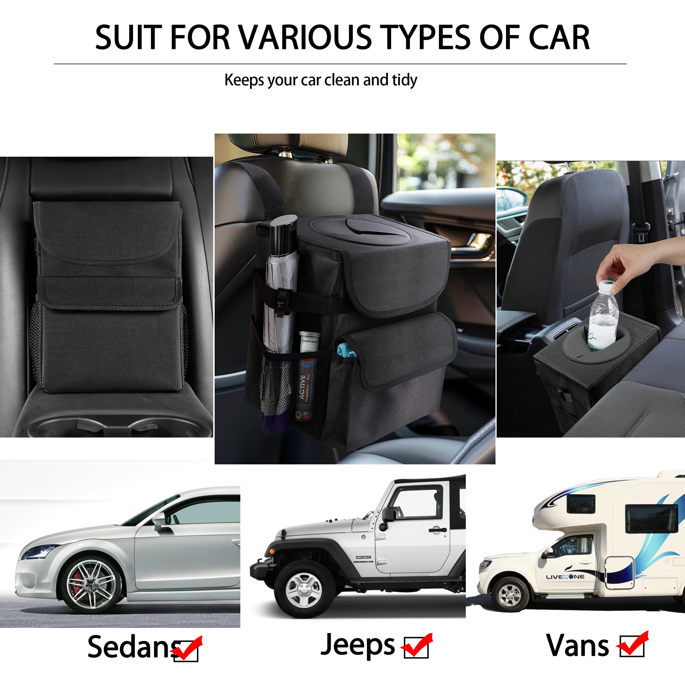 Leak-Proof Car Trash Can with Lid & Storage Pockets - Waterproof Vehicle Garbage Bin Organizer for Road Trips, Commuting & Family Travel Accessories