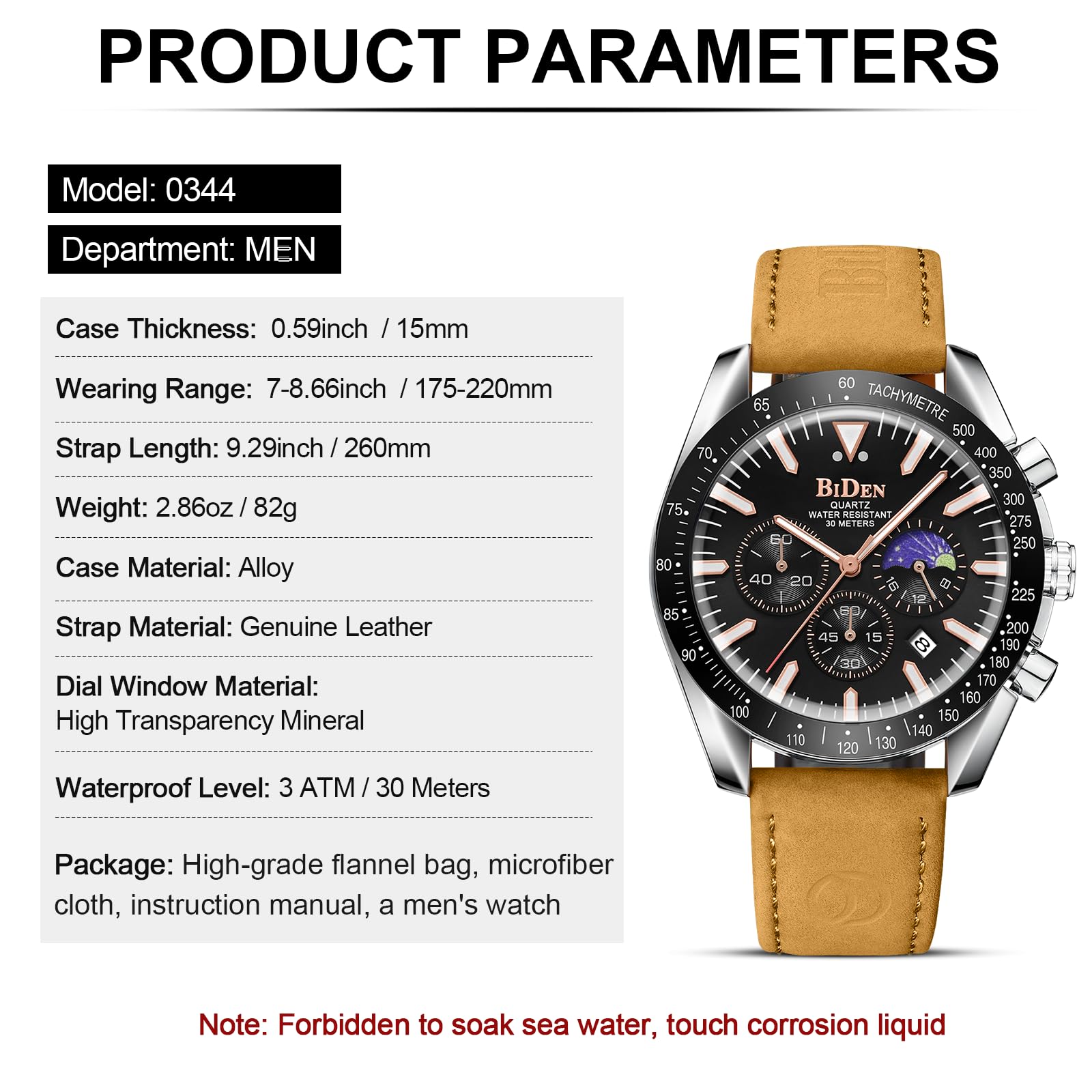 HANPOSH Men's Analog Quartz Chronograph Watch - Luxury Genuine Leather Business Watch with Date, Luminous Hands, Waterproof & Moon Phase - Perfect Gift for Dad, Husband, or Businessmen (Office, Formal Events, Daily Wear)
