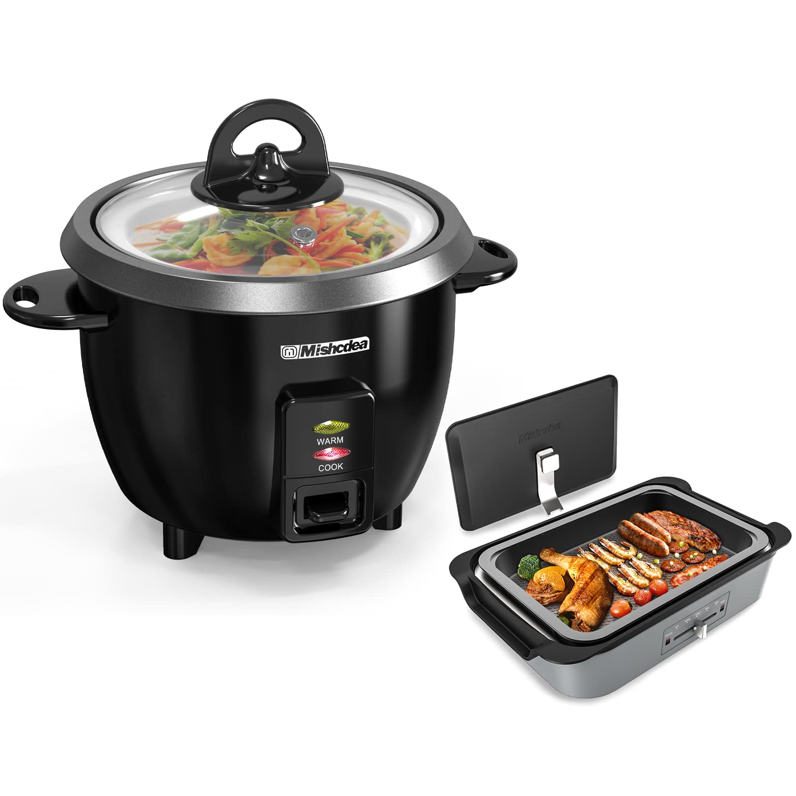 Mishcdea 10-Cup Rice Cooker with Steam Tray & Electric Smokeless Griddle - Large Multifunctional Indoor Grill for Grains, Soups, Pizza, BBQ - Perfect for Home Cooking, Family Meals, and Healthy Meal Prep