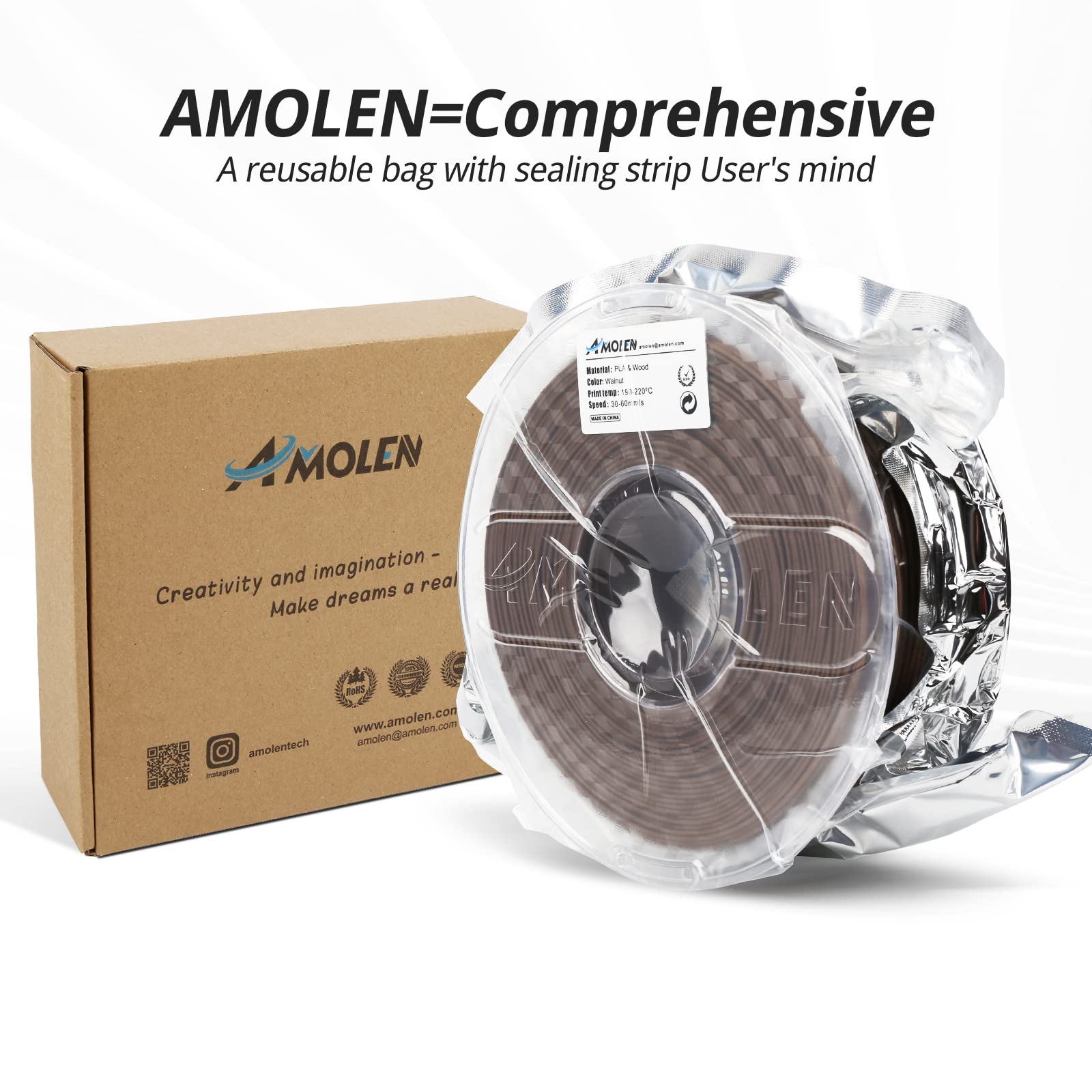 AMOLEN 1.75mm Dark Walnut Wood PLA 3D Printer Filament with Real Wood Fiber - 1KG Spool (±0.02mm Accuracy) for Wood Texture Prints - Perfect for DIY Crafts, Home Decor & Architectural Models