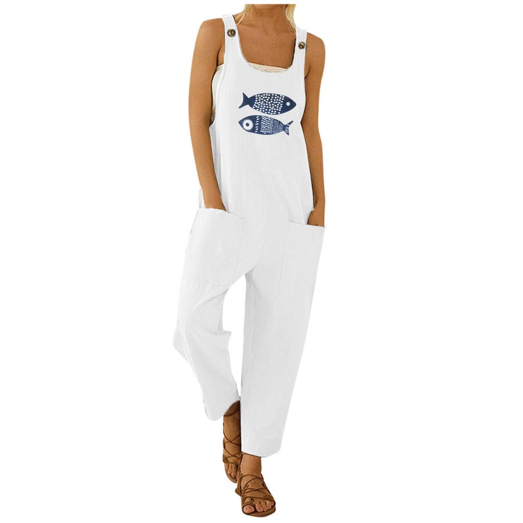 Women's Boho Print Jumpsuit with Pockets - Long Sleeve High Neck Romper with Button Front & Adjustable Straps | Casual Fish Playsuit for Beach, Music Festivals & Summer Outfits
