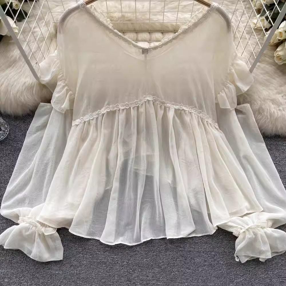 Stylish Irregular Ruffle Shirt with Bell Sleeves - Fairy Top 1067 for Women | Boho Chic Blouse for Casual Wear, Date Night & Festival Outfits