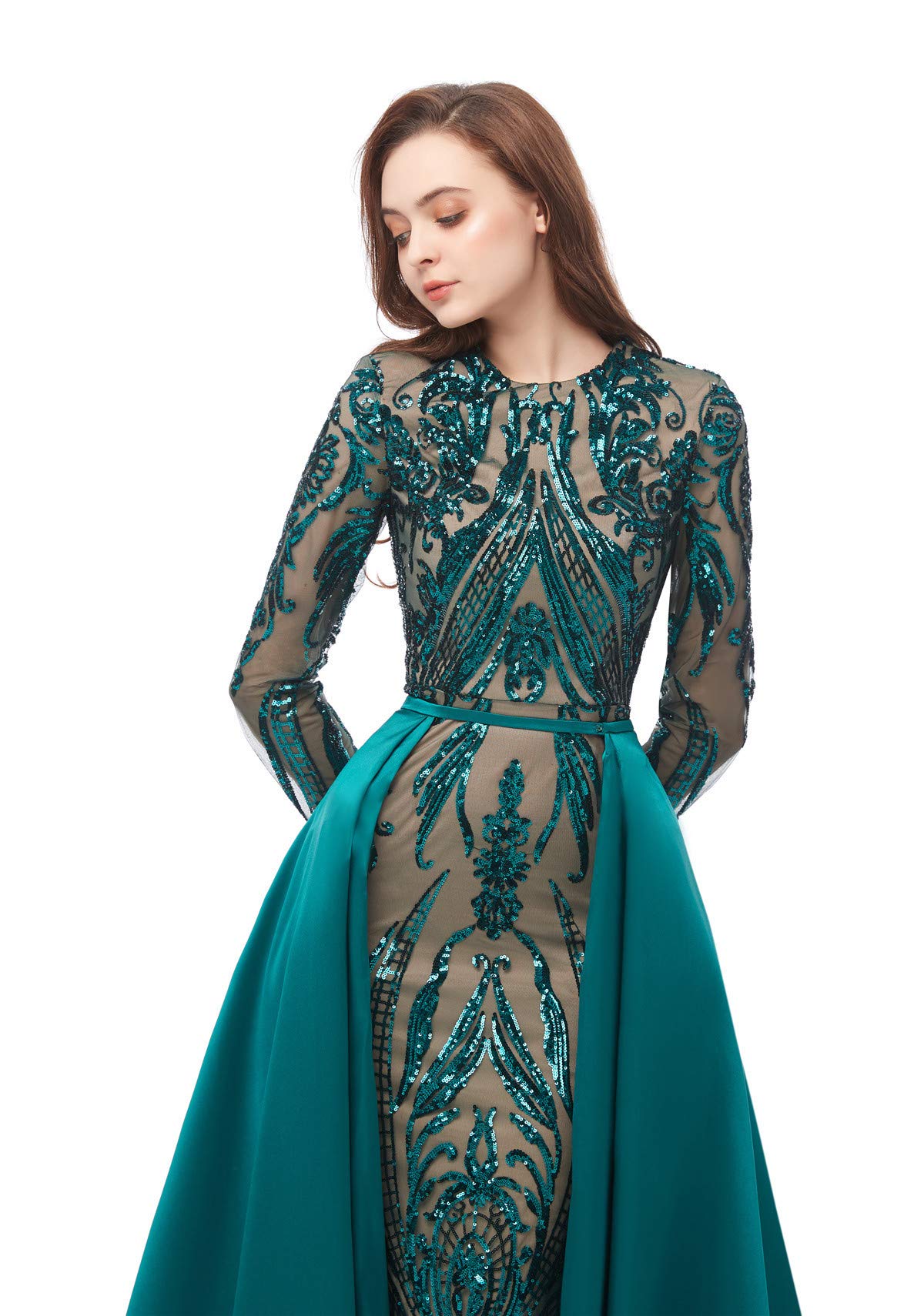 Elegant Long Sleeve Sequin Mermaid Evening Dress with Detachable Train - Women's Formal Party Gown for Prom, Wedding, and Black Tie Events