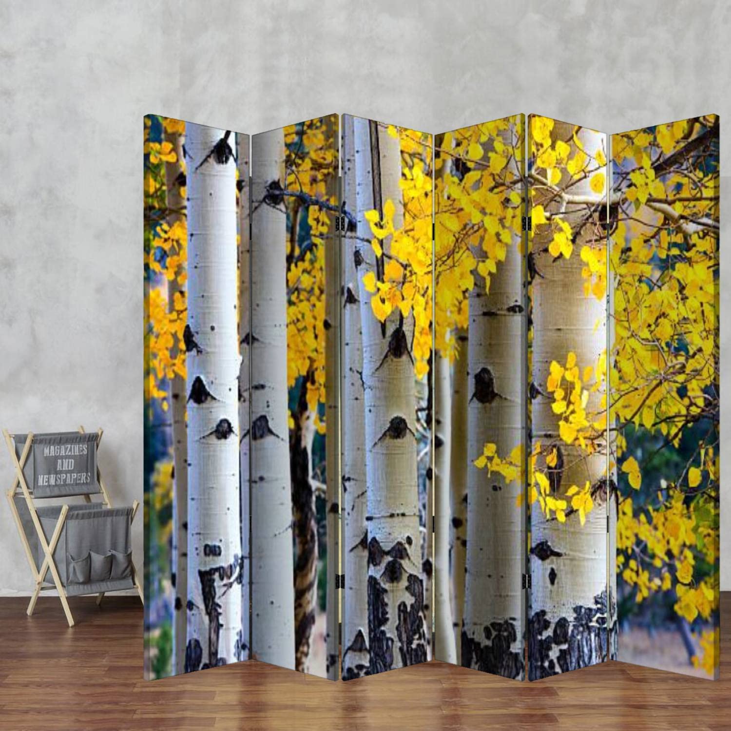 6-Panel Wooden Room Divider with Aspen Tree Autumn Design - Dual-Sided Folding Privacy Screen, Canvas Partition Panels for Indoor Spaces | Perfect for Home Office, Bedroom Separation & Decorative Wall Display