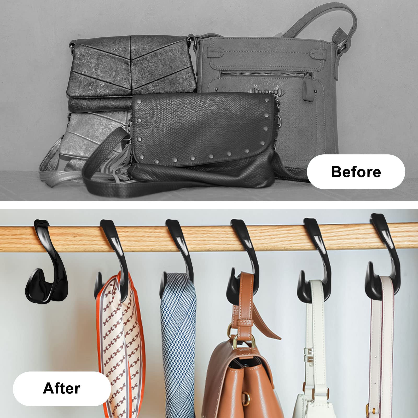 6-Pack Black Purse Hanger Hooks for Closet - Handbag Organizer & Storage Rack for Tote Bags, Backpacks, Satchels, Crossbody Bags, Scarves, Belts & Ties - Perfect for Bedroom, Closet & Entryway Organization