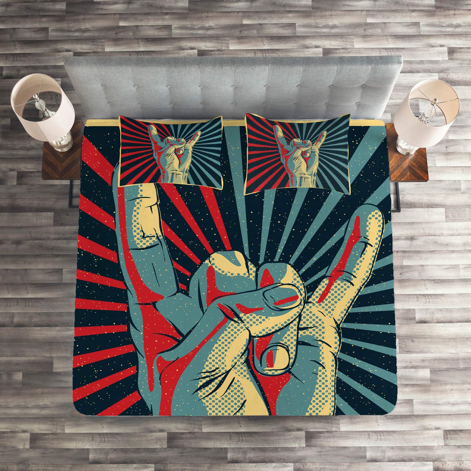 Ambesonne Rock Music Quilt Set King Size - Heavy Rocker Sign & Thunder Bolts Design for Bedroom Decor