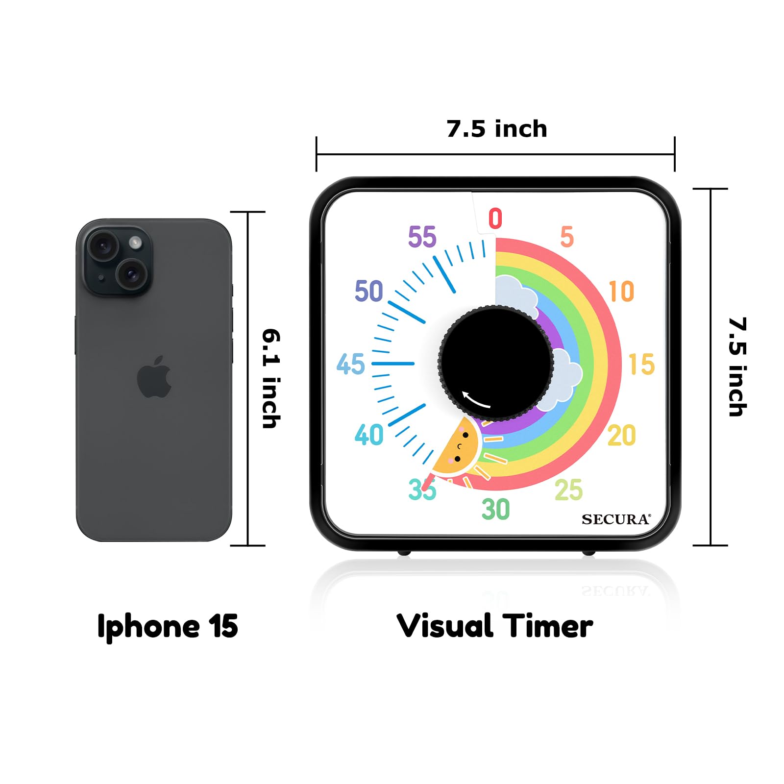 Secura 60-Minute Visual Timer with Magnetic Backing - 7.5 Inch Rainbow Countdown Clock for Classroom, Kitchen & Office - Durable Mechanical Timer for Kids, Teachers & Cooking - Perfect for Time Management & Learning Activities (Black & Sun)