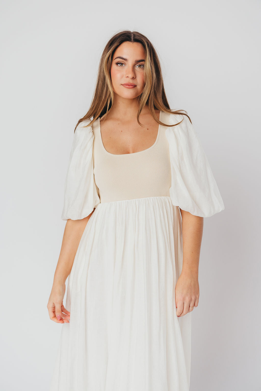 Raina Women's Maternity Midi Dress with Puff Sleeves - Bump Friendly Flowy Dress in Natural for Pregnancy, Nursing & Special Occasions