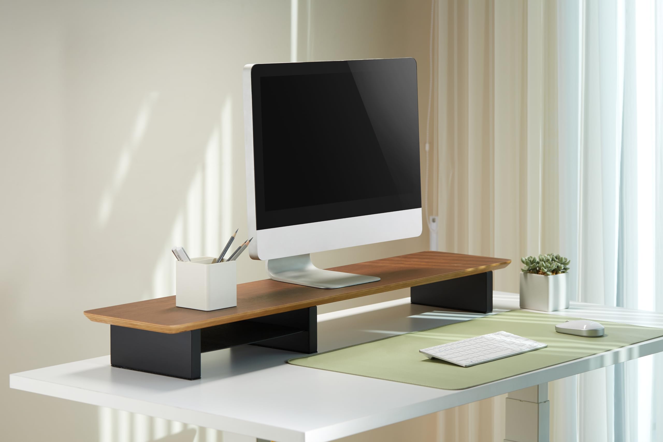 XL 44 Inch Walnut Wood Monitor Stand for Desk - Large Dual Monitor Riser with Desk Shelf, Solid Wood Computer Monitor Stand for Home & Office Workspace