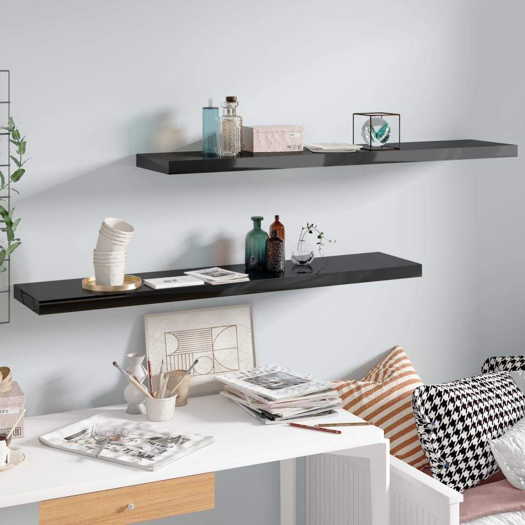 Modern Floating Shelves Set of 2 - High Gloss Black Wall Mounted Shelves 47.2