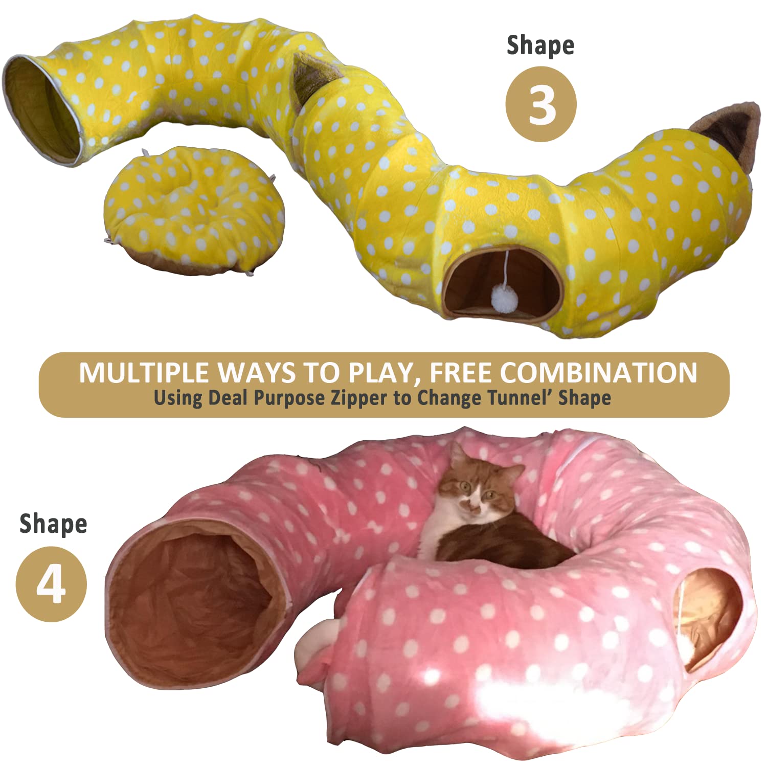 AUOON Cat Tunnel Bed with Central Mat - Large Tube Playground Toy for Kittens, Cats, Puppies, Rabbits & Ferrets | Yellow Moon-Shaped Pet Hideout for Under Christmas Tree | Perfect for Playtime, Napping & Indoor Pet Activities