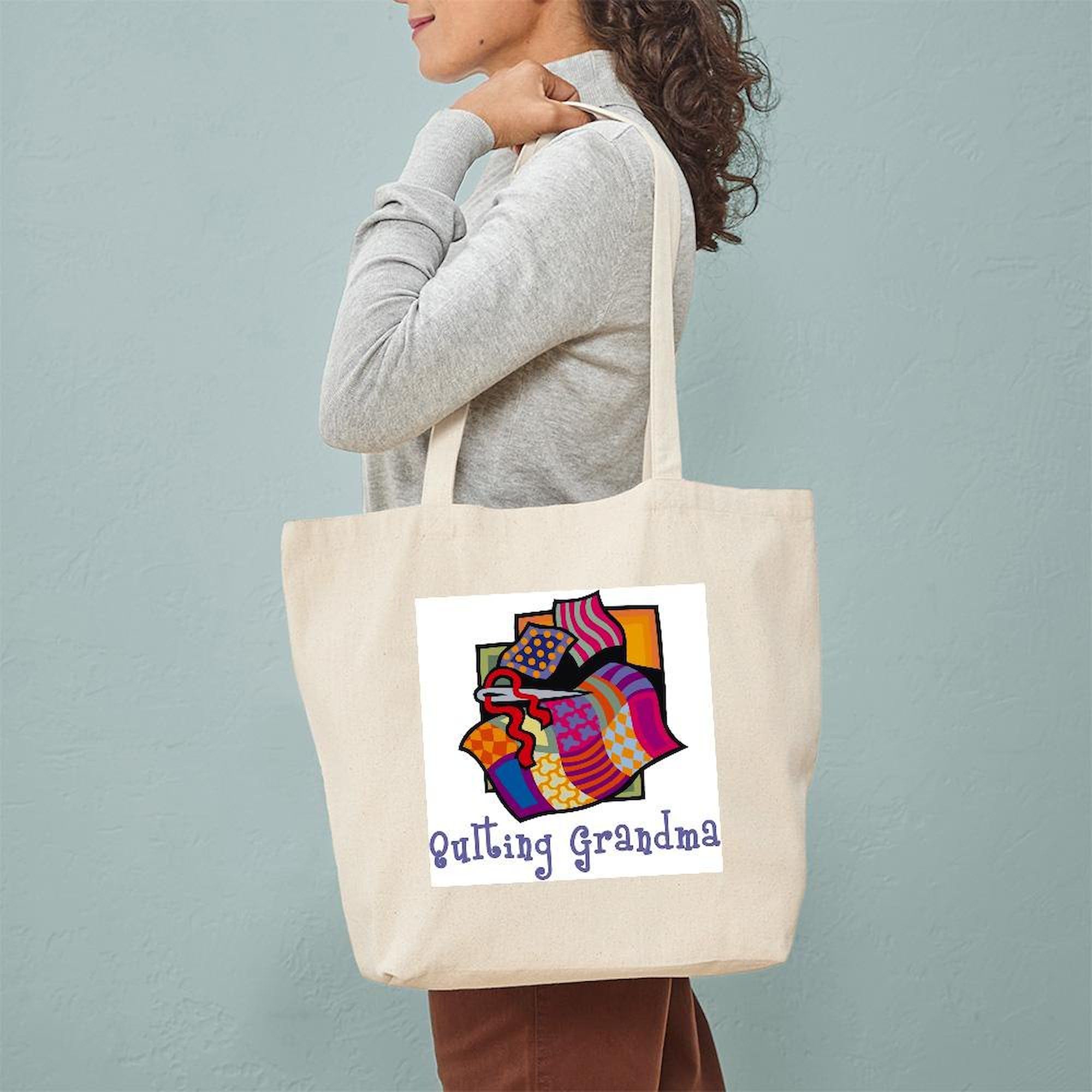 Quilting Grandmother Tote Bag - Natural Canvas Reusable Shopping Bag for Women | Eco-Friendly Grocery Tote for Grandmas, Crafters & Quilters - Perfect for Farmers Market, Book Club & Sewing Supplies