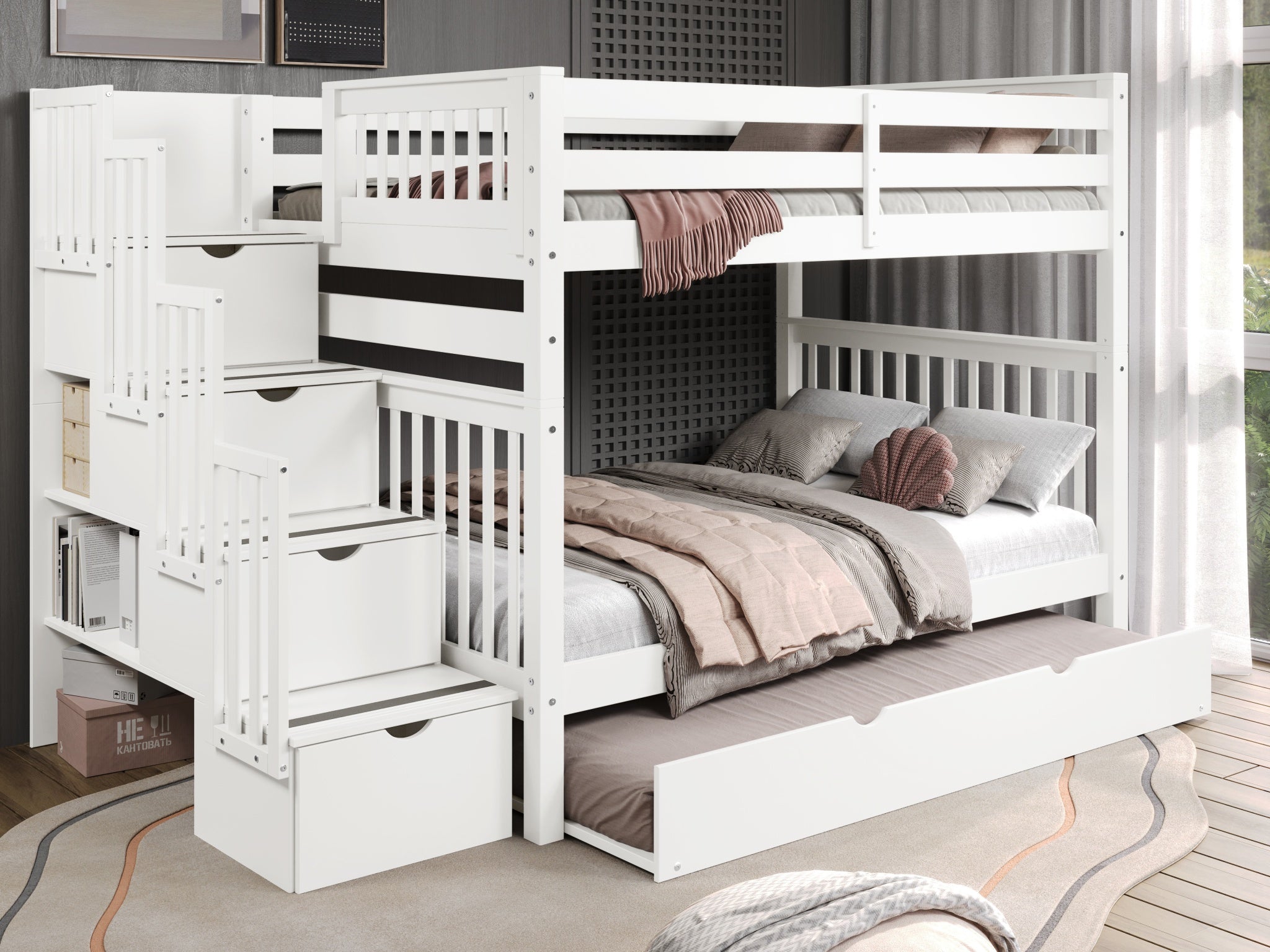 Full over Full Bunk Beds with Stairway & Trundle - White Twin Loft Bed for Kids & Teens - Space Saving Bedroom Furniture for Small Rooms, Guest Rooms & Vacation Homes