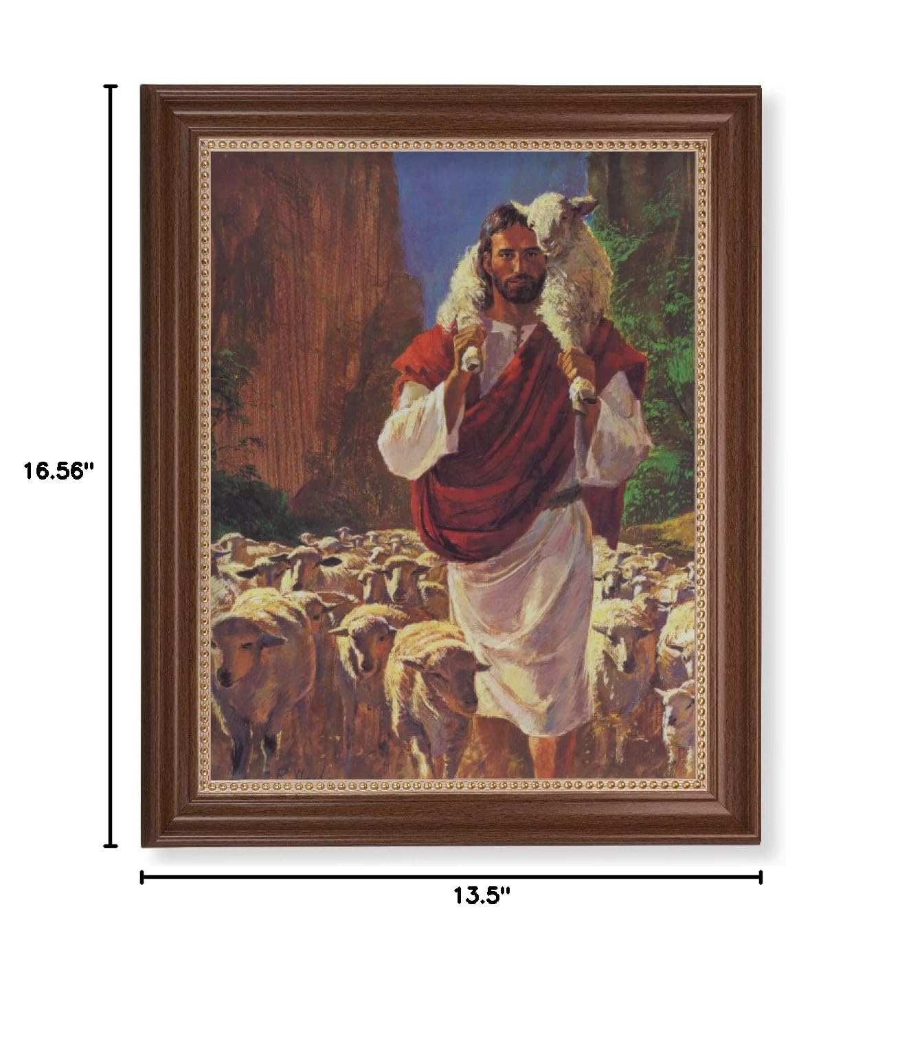 The Good Shepherd Framed Wall Art - Extra Large Classic Dark Walnut Finish with Gold Beaded Edge - Religious Home Decor for Living Room, Bedroom & Church