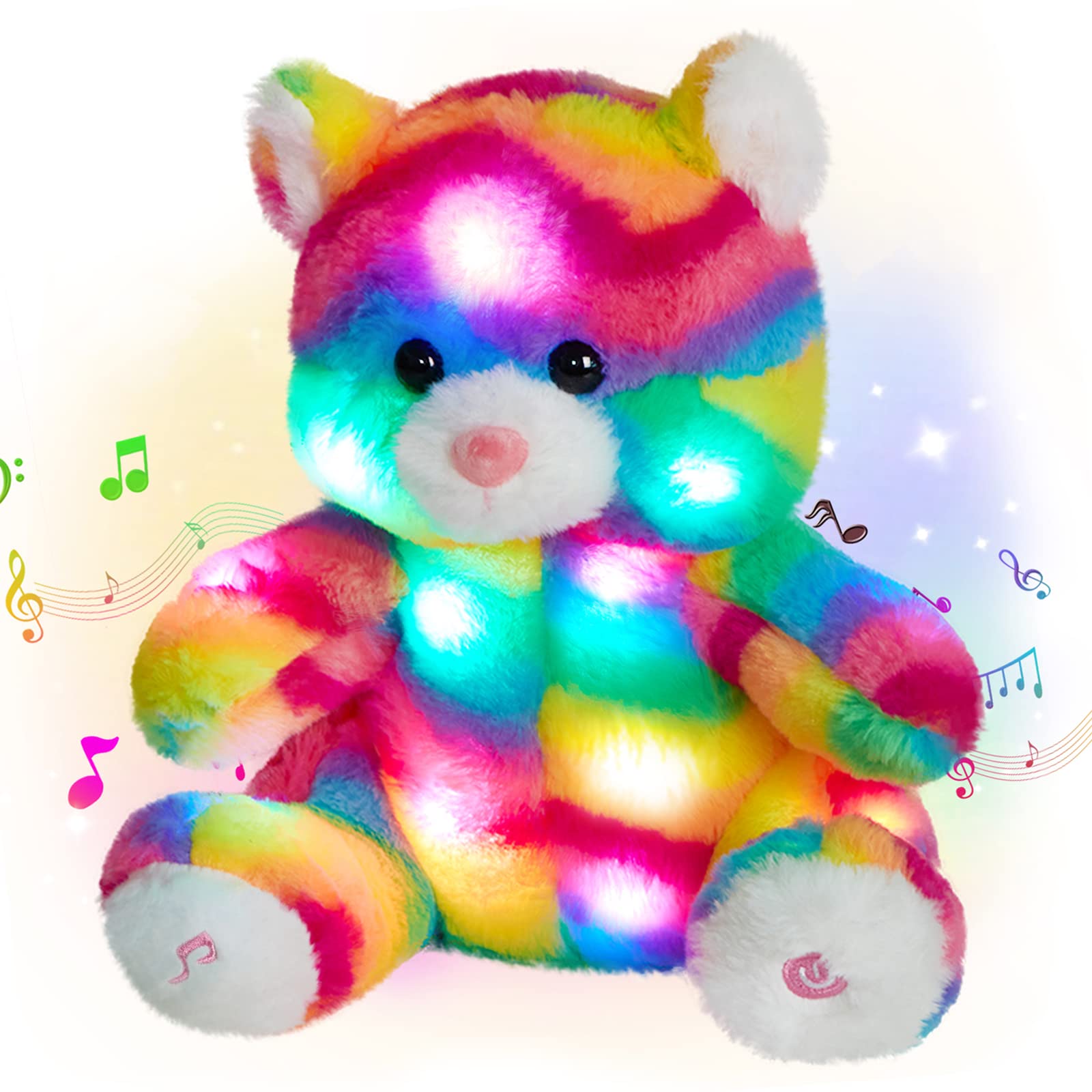 LED Glowing Singing Rainbow Cat Plush Toy - Soft Light Up Music Stuffed Animal with Night Lights & Lullabies, 11