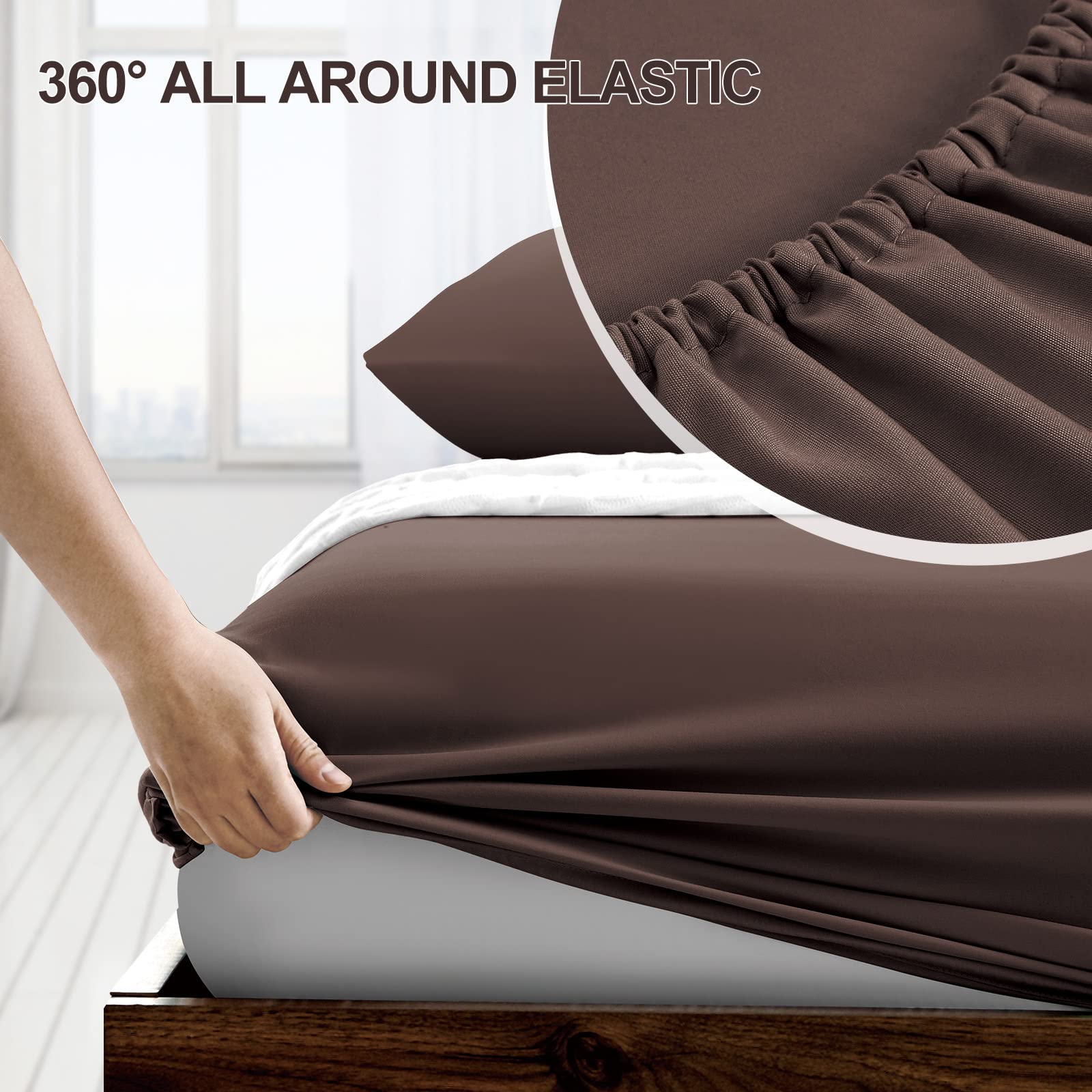 FreshCulture Queen Fitted Sheet - Premium Hotel Quality, Ultra Soft & Breathable Brushed Microfiber Bedding with Deep Pockets, Cooling Queen Size Bed Sheets (Brown) - Perfect for Guest Rooms, Master Bedrooms & Dorm Essentials