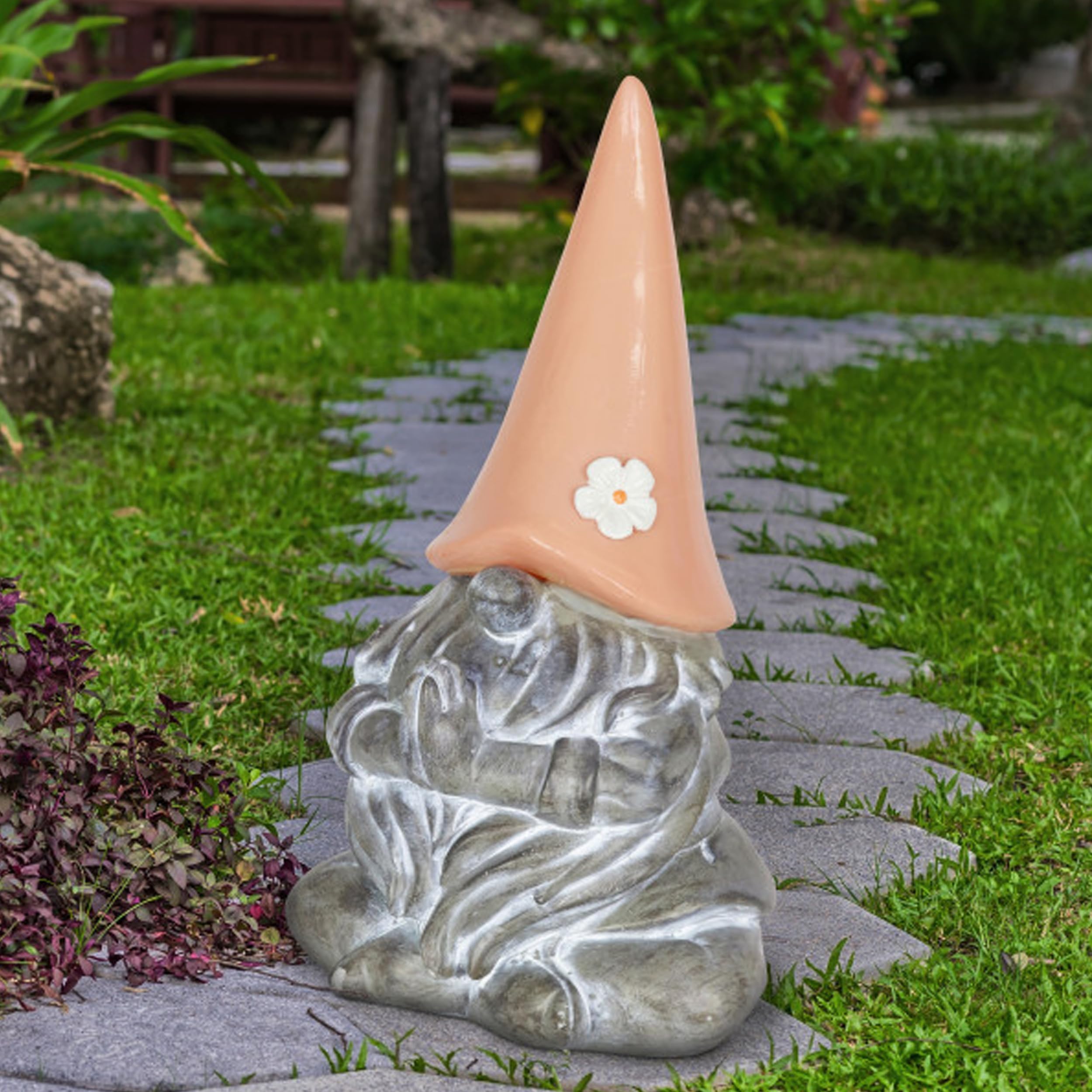 Exhart Solar-Powered Meditating Yoga Garden Gnome Statue with LED Flower Hat – 7 x 11.5 Inch Peach Outdoor Decor for Zen Gardens, Patios & Backyards