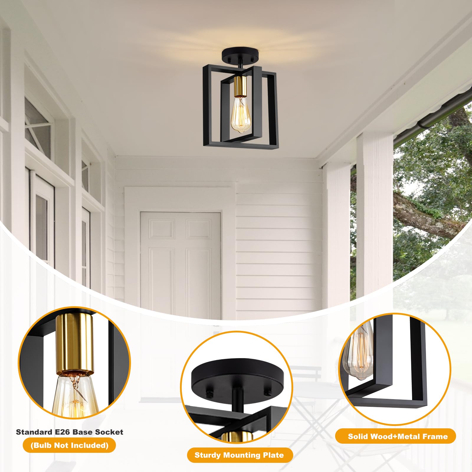 Farmhouse Small Pendant Light Fixture - 9.5 Inch Kitchen Island Hanging Lamp with Cord, Black and Gold Finish Wood Frame Chandelier for Hallway, Entryway, Closet & Bedroom Lighting - E26 Base - Perfect for Rustic Home Decor and Cozy Ambiance