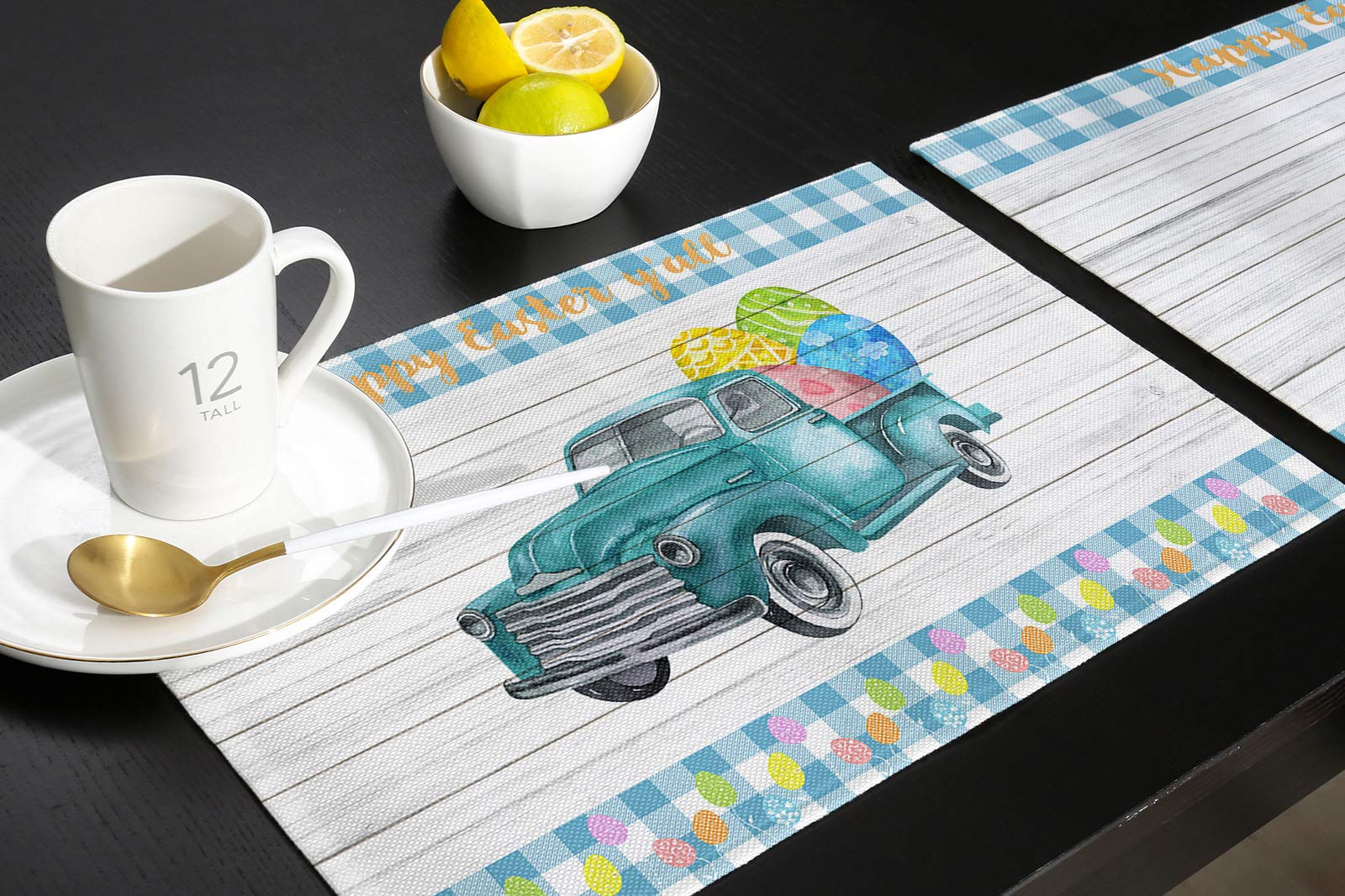 Easter Egg Truck Placemats Set of 4 - Blue Check Plaid Wood Grain Table Mats for Easter & Spring Holiday - Washable Cotton Linen Table Decor for Dining Room, Kitchen, and Party Settings