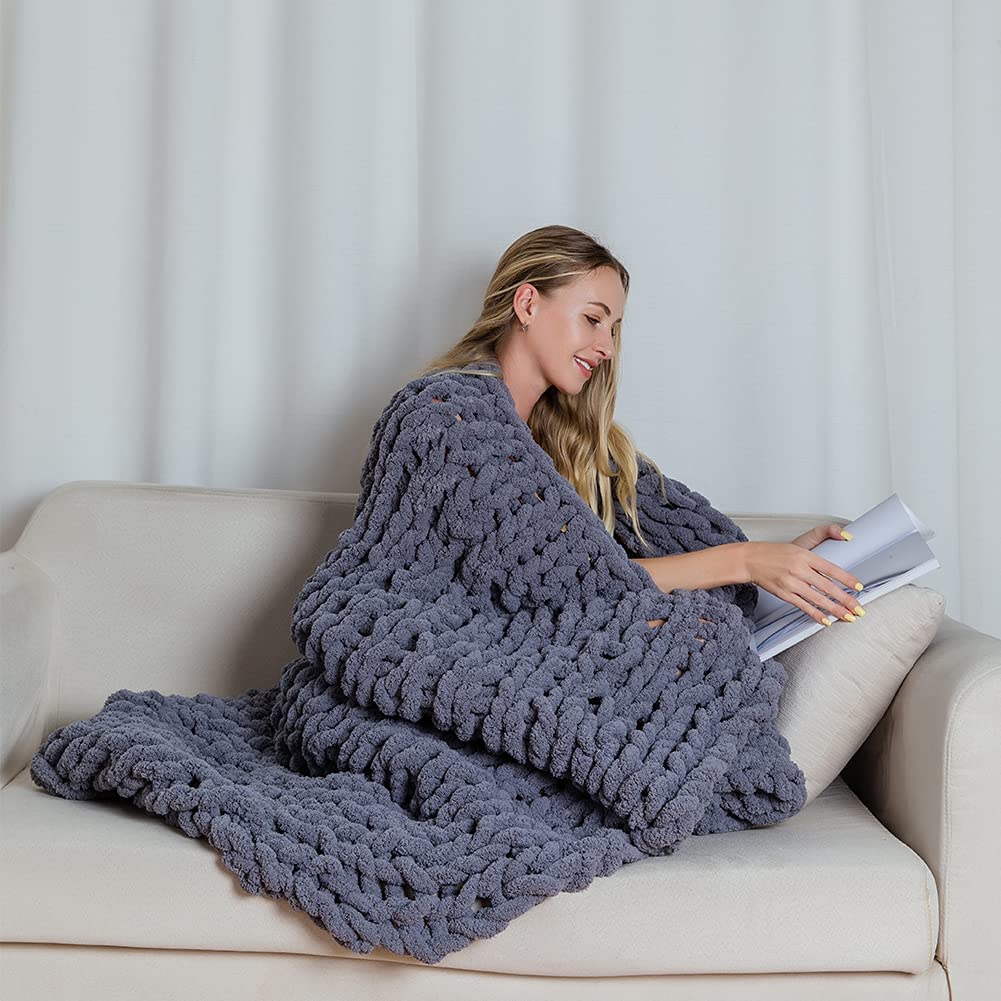 Alzoear Chunky Knit Throw Blanket - Chenille Handmade Cozy Warm Blanket for Sofa, Bed & Home Decor (Dark Grey, 60x80 Inches) - Perfect for Winter Nights, Couch Lounging & Gift Giving