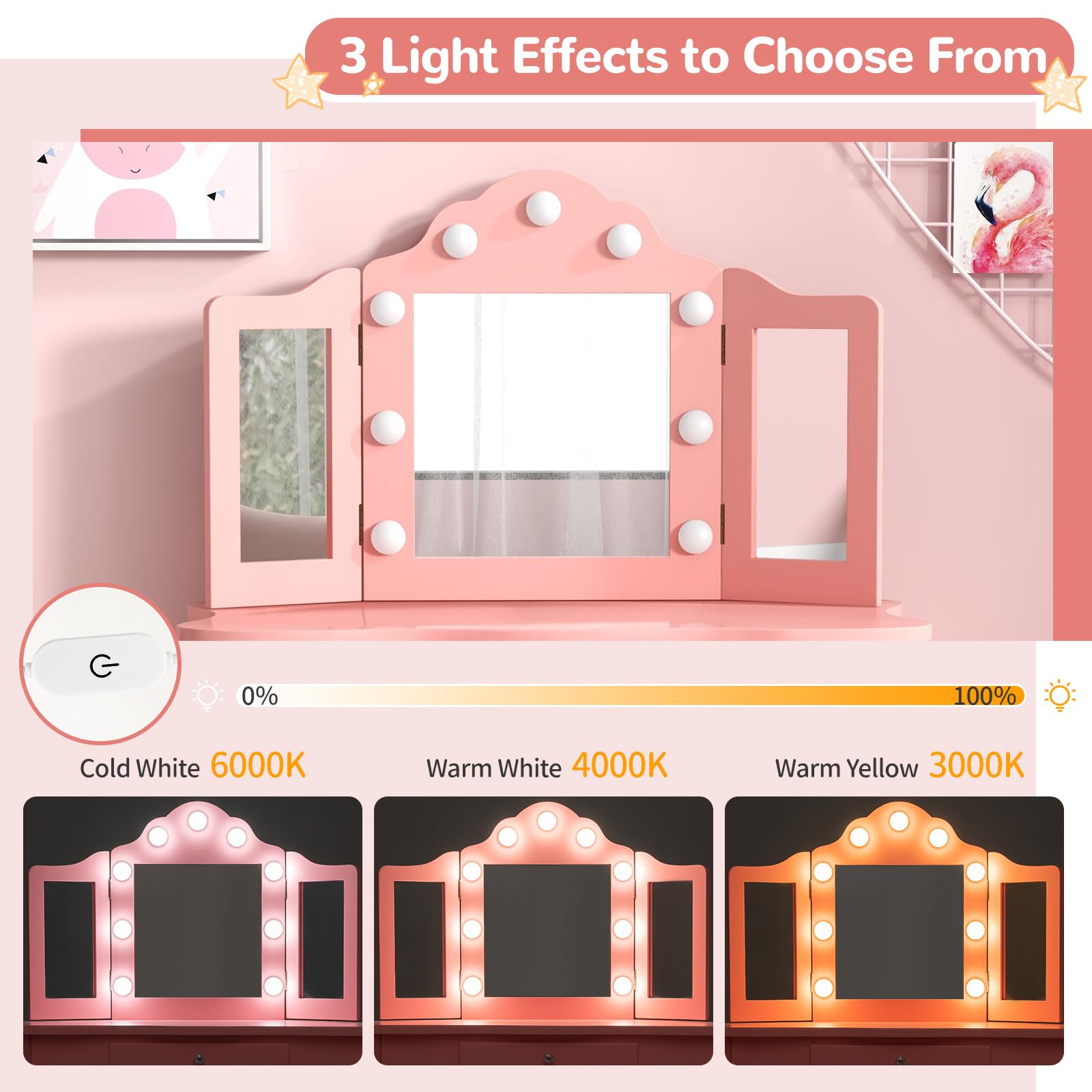 AKUSTIK Kids Vanity with LED Lights - 2-in-1 Wooden Dressing Table & Chair Set with Tri-Fold Mirror, Stool & Storage Drawer - Princess Pretend Play Beauty Kit - Perfect Gift for Toddler Girls (Ideal for Bedroom Play, Birthday Presents & Role-Playing Activities)