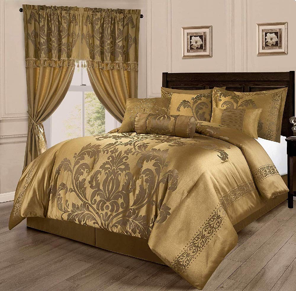 7-Piece Jacquard Comforter Set Queen Size - Luxury Floral Pattern with Gold Accents, Soft & Cozy Bedding Includes Comforter, Pillow Shams & Bed Skirt - Perfect for Master Bedroom, Guest Room or Luxury Hotel Decor