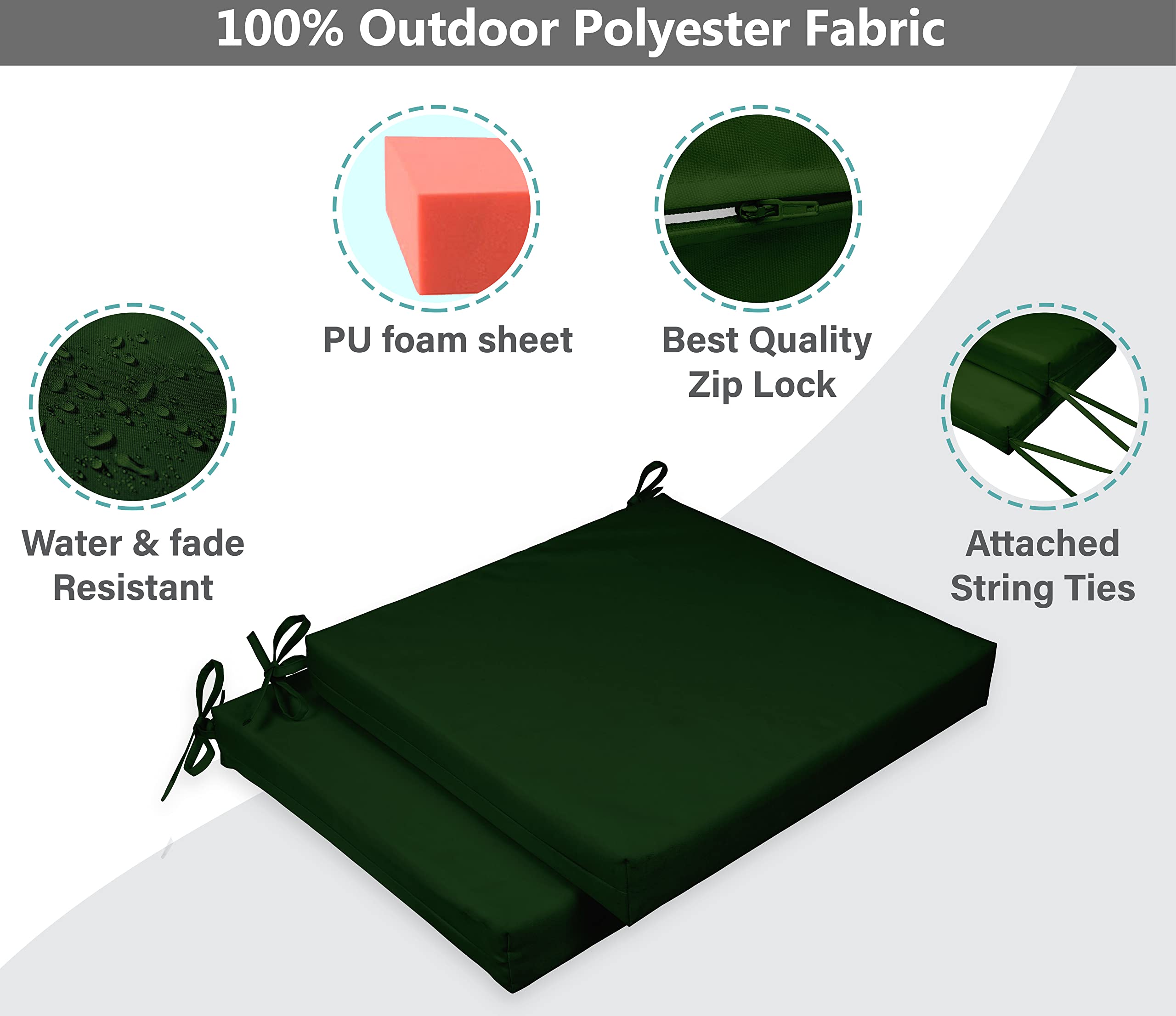 Premium 20x20 Inch Indoor/Outdoor Chair Cushions with Ties - Square Patio Seat Cushions Set of 2, Dark Green - Perfect for Garden Furniture, Deck Chairs & Outdoor Lounging