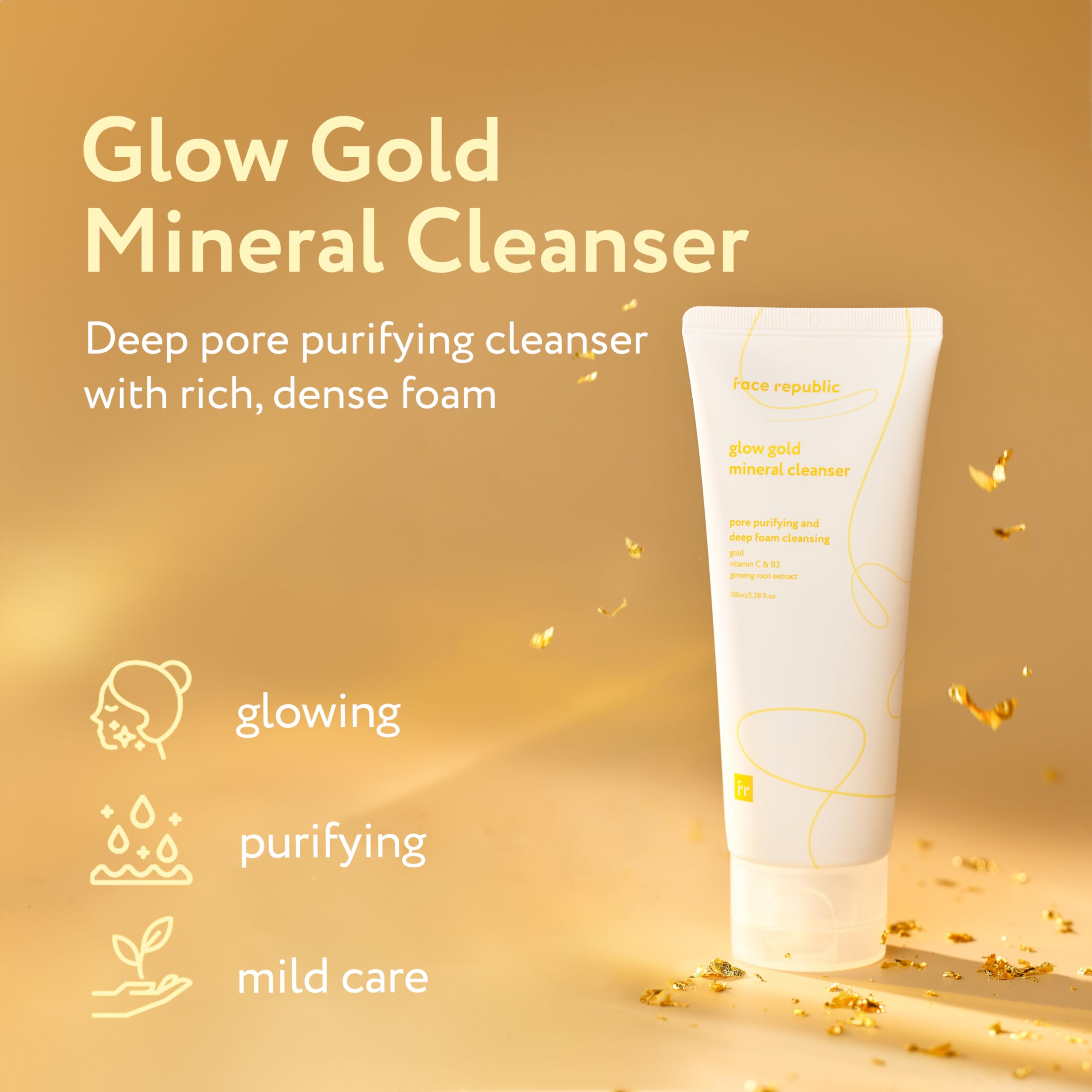 Face Republic Glow Gold Mineral Cleanser 100ml (3.38 fl oz) - Deep Pore Purifying Foam with Gold, Rice Bran & Ginseng - Brightening Korean Skincare for Dull Skin - Vegan, Niacinamide & Vitamin Enriched - Perfect for Morning & Night Cleansing Routine