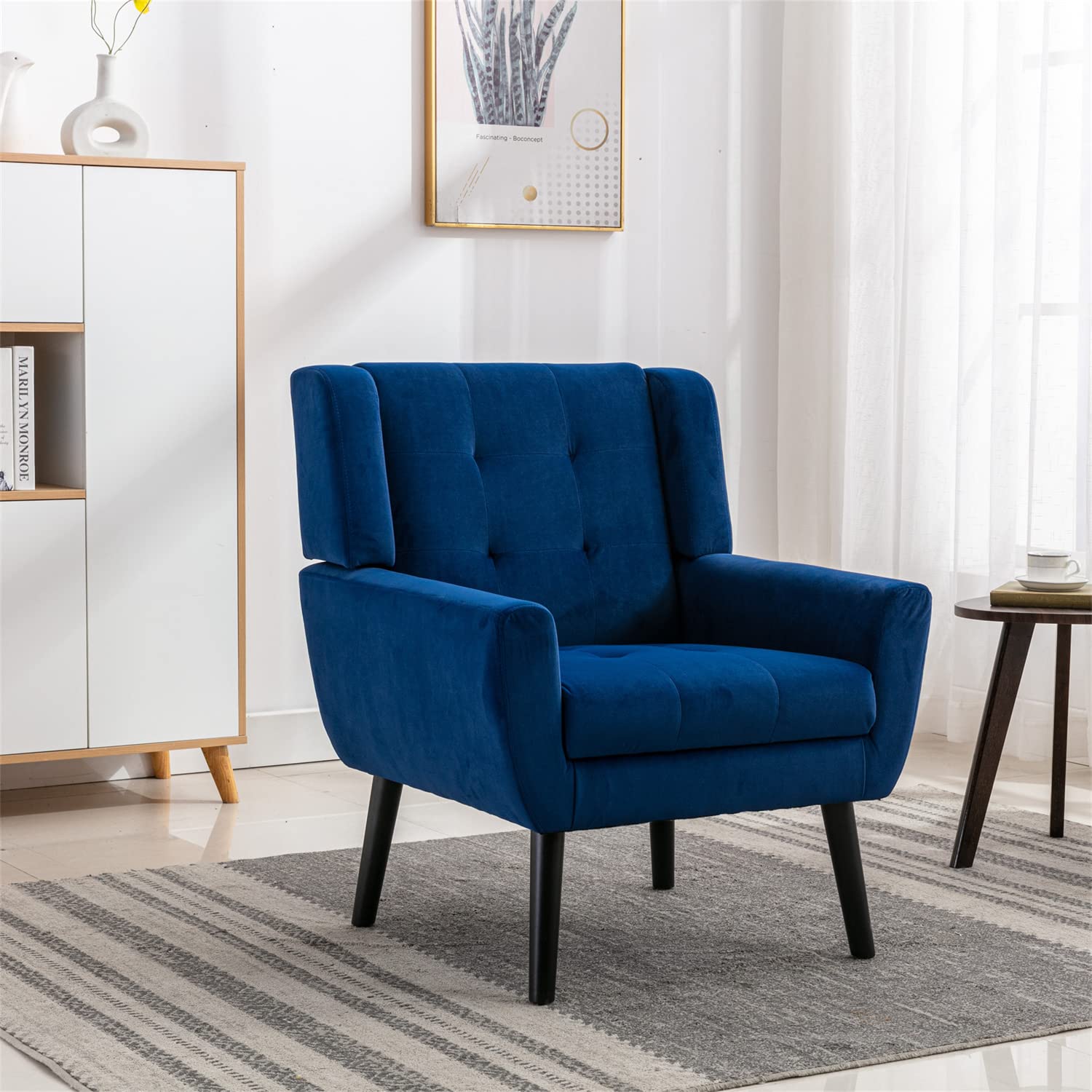 Luxury Velvet Accent Chair - Ergonomic Tufted Upholstered Armchair with Padded Cushions & Solid Wood Legs - Comfortable Single Sofa for Living Room, Bedroom or Office - Perfect Blue Reading Chair for Relaxation & Home Decor