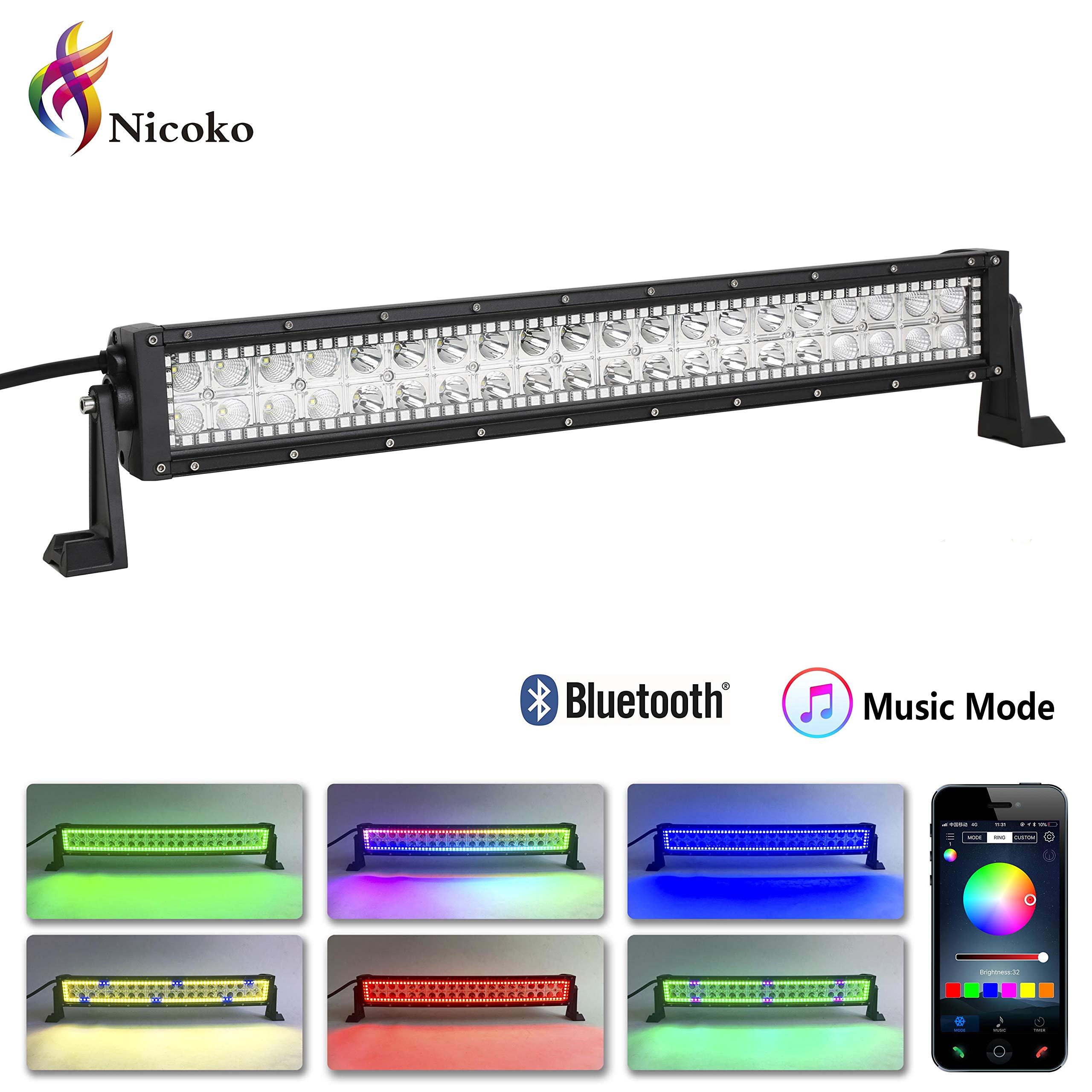 Nicoko 20-22 Inch 120W RGB Bluetooth LED Light Bar with 300+ Color Changing Modes - Combo Beam Off-Road Lighting for Jeep, SUV, Truck, ATV, Boat & Cabin | 1 Year Warranty | Perfect for Night Off-Roading, Camping & Vehicle Customization