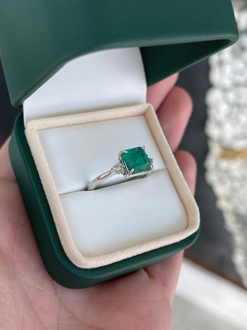 2.56 TCW 14K Gold Genuine Dark Green Emerald Asscher Cut & Diamond 3 Stone Engagement Ring for Women – Perfect for Proposals, Weddings & Anniversaries