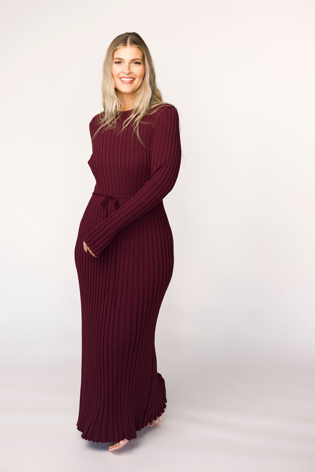 Colette Premium Long Sleeved Ribbed Knit Maxi Dress in Burgundy - Bump Friendly Maternity Dress for Pregnancy, Nursing & Postpartum - Perfect for Casual Wear, Office & Special Occasions