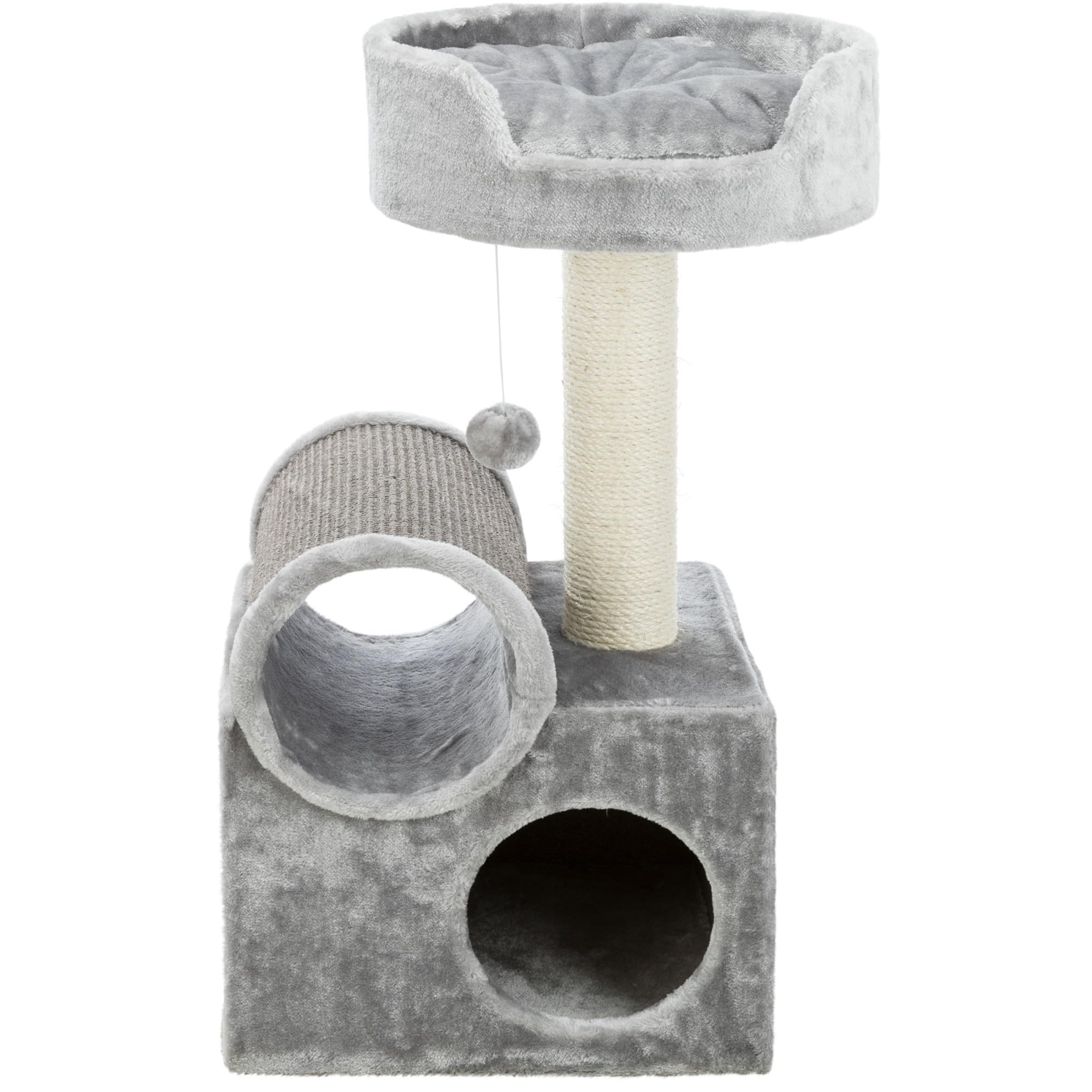 TRIXIE 31.5 Inch Cat Scratching Post with Sisal Rope - Multi-Level Cat Tree with Tunnel, Condo, Platform & Removable Cushion - Includes Dangling Toy for Indoor Cats - Gray Cat Furniture for Play & Relaxation