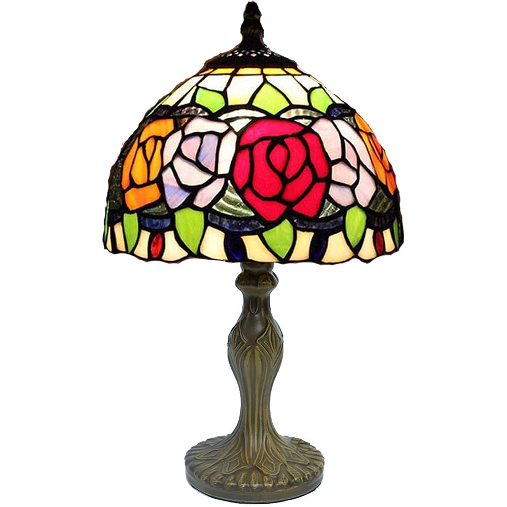 Tiffany Rose Stained Glass Table Lamp - 15 Inch Tall, 8 Inch Wide Shade, Antique Zinc Base, Art Deco Style Desk Lamp for Living Room, Bedroom, Kitchen | Perfect for Home Decor, Romantic Ambiance & Vintage Interior Design