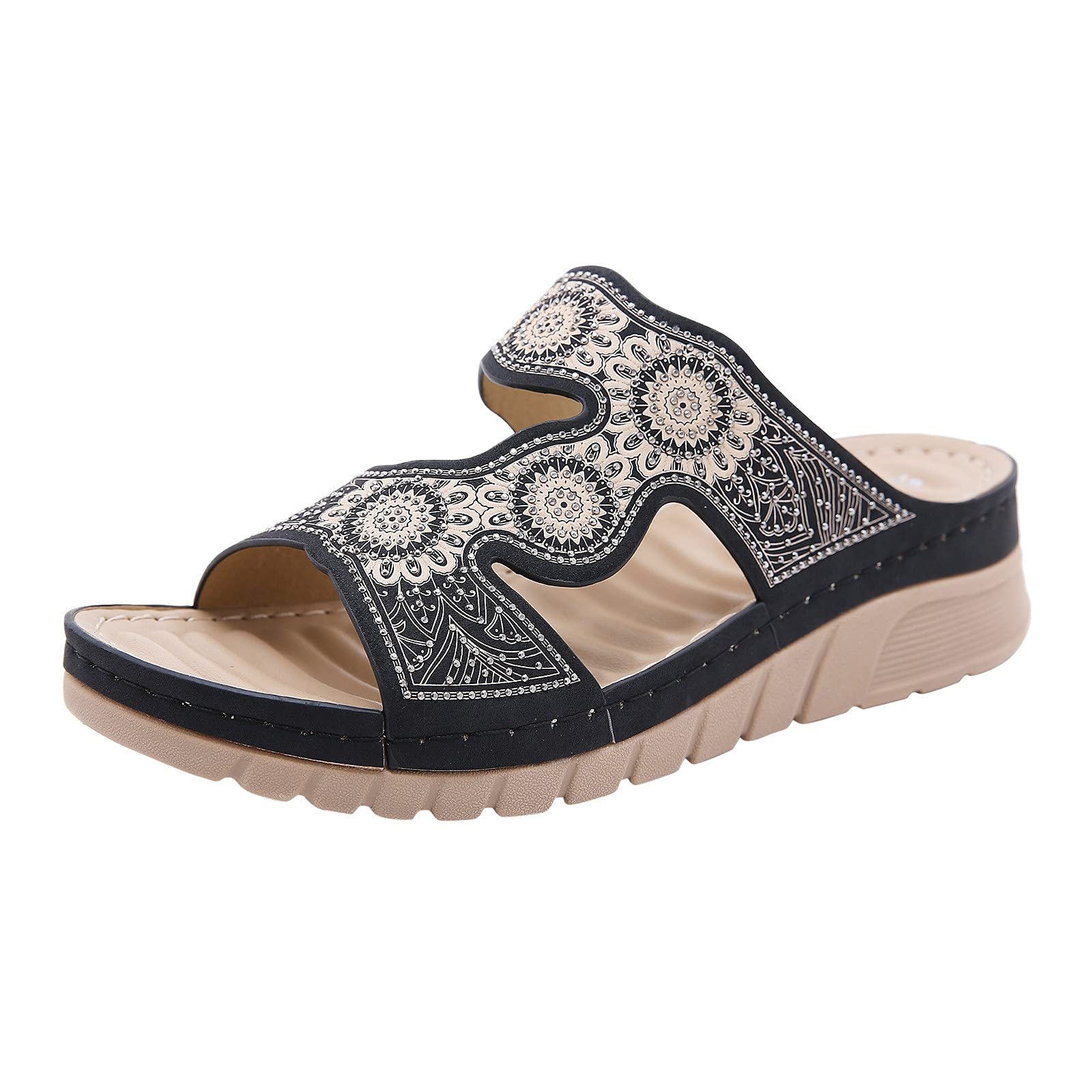 Women's Black Casual Sandals with Arch Support - Slip-On Leather Shoes for Outdoor Walking & Summer Comfort - Size 9 | Perfect for Beach, Travel & Everyday Wear
