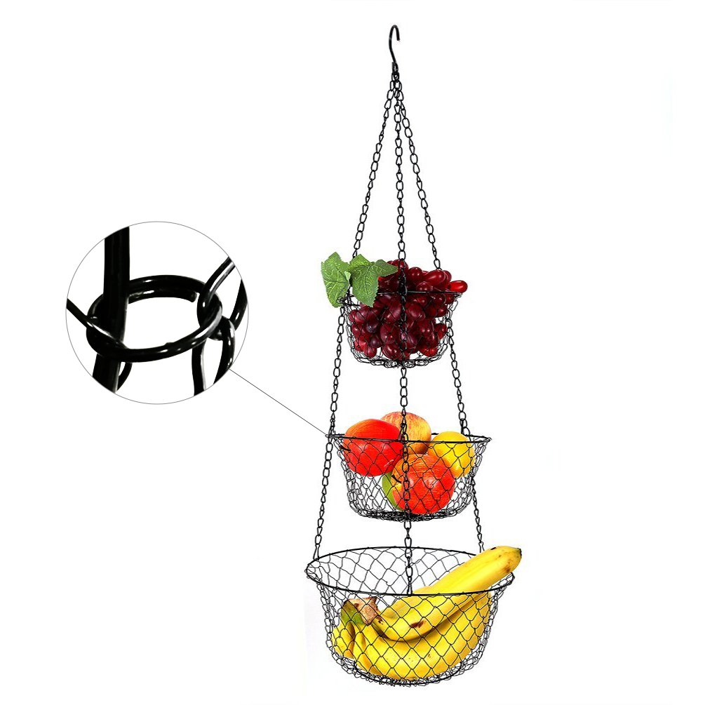 Malmo 3-Tier Wire Hanging Basket for Fruits & Vegetables - Black Iron Kitchen Storage Organizer - Perfect for Pantry, Countertop, or Wall Mount Storage