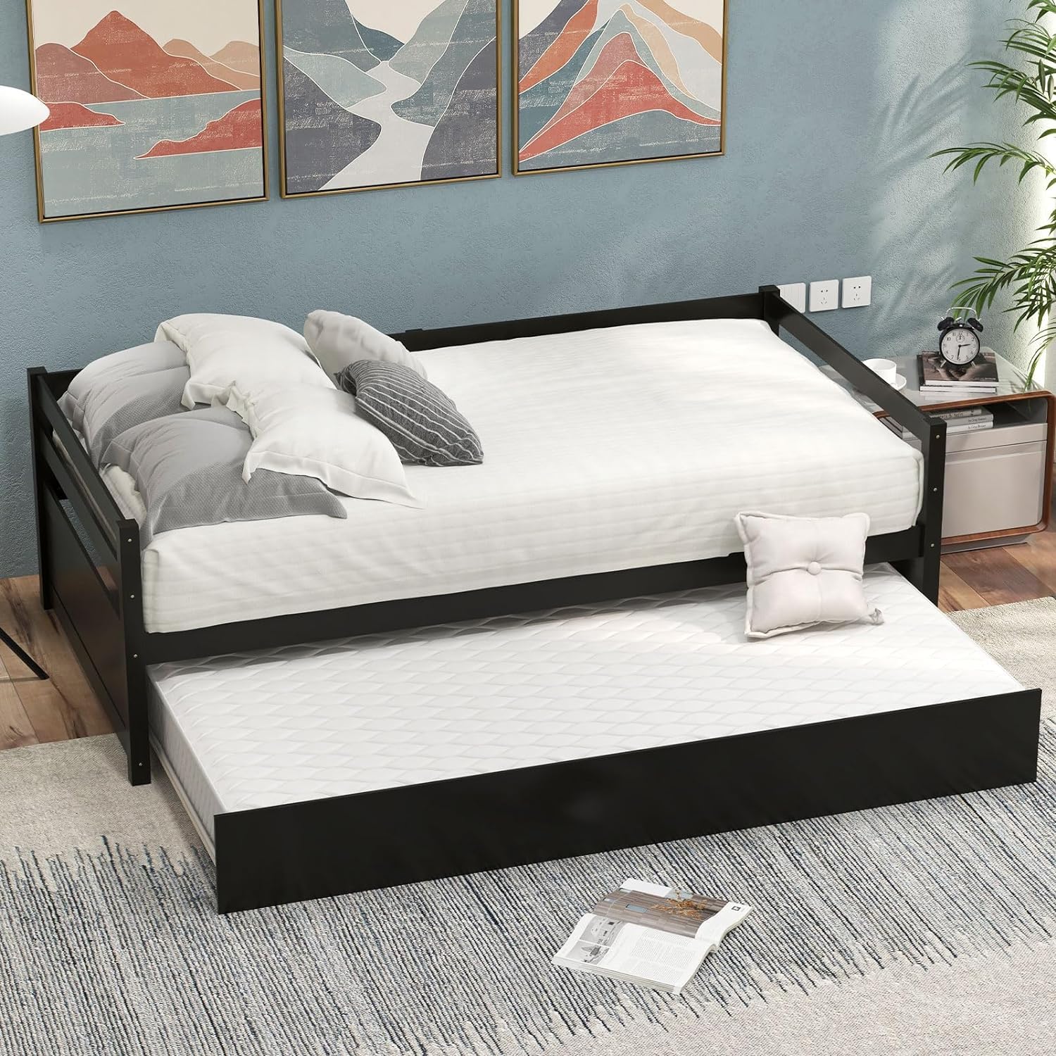 KOMFOTT Twin Size Wooden Daybed Frame with Trundle - No Box Spring Needed Sofa Bed for Guest Room, Kids Room & Living Room - Perfect for Sleepovers, Space Saving & Extra Guest Accommodation