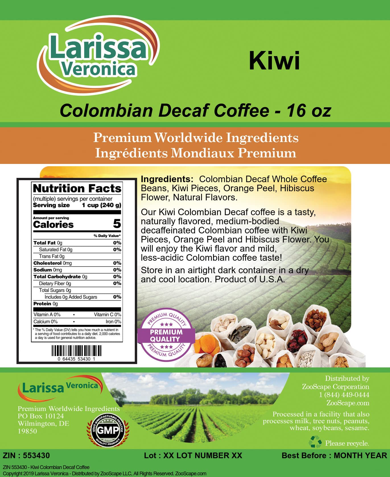 Premium Kiwi Colombian Decaf Coffee Beans - Gourmet, Naturally Flavored, Whole Bean (16 oz, 3-Pack) | Perfect for Home Brewing, Office Use & Gift Giving
