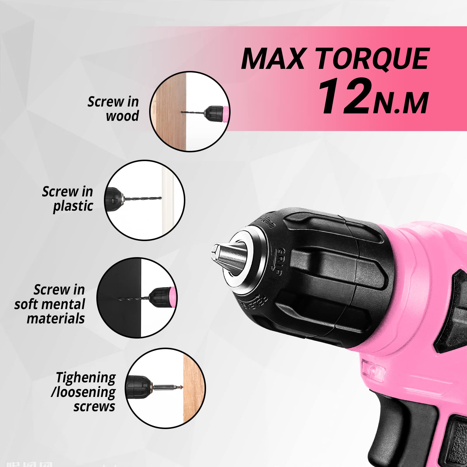 DEKOPRO 126-Piece Pink Cordless Drill Set - 8V Power Drill, Home Tool Kit with Accessories for DIY Projects, Woodworking & Home Repairs - Perfect for Women & Beginners