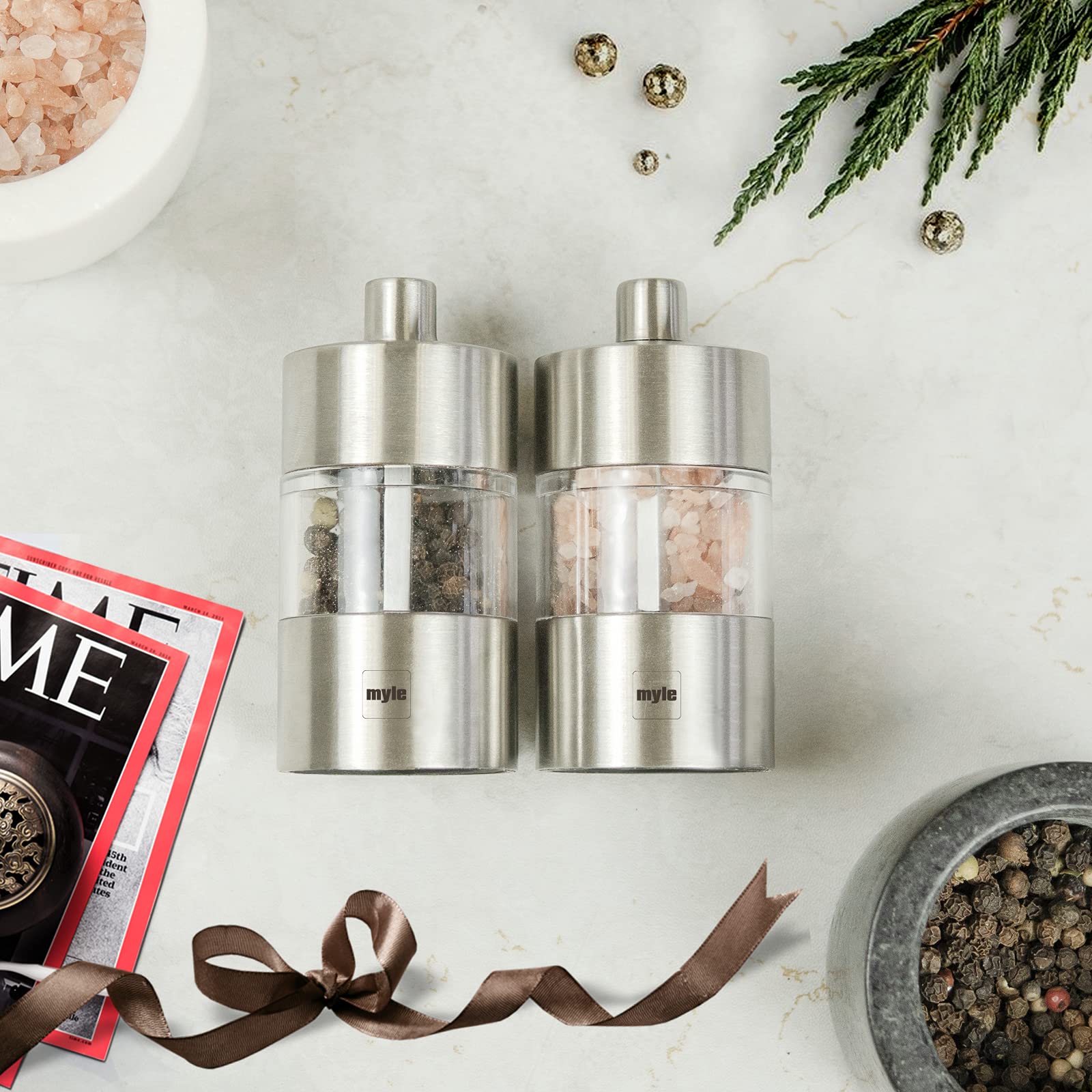 Premium Stainless Steel Salt and Pepper Grinder Set - Adjustable Ceramic Core, Refillable & Portable for Kitchen, BBQ, Picnic, RV, Restaurants, and Outdoor Parties